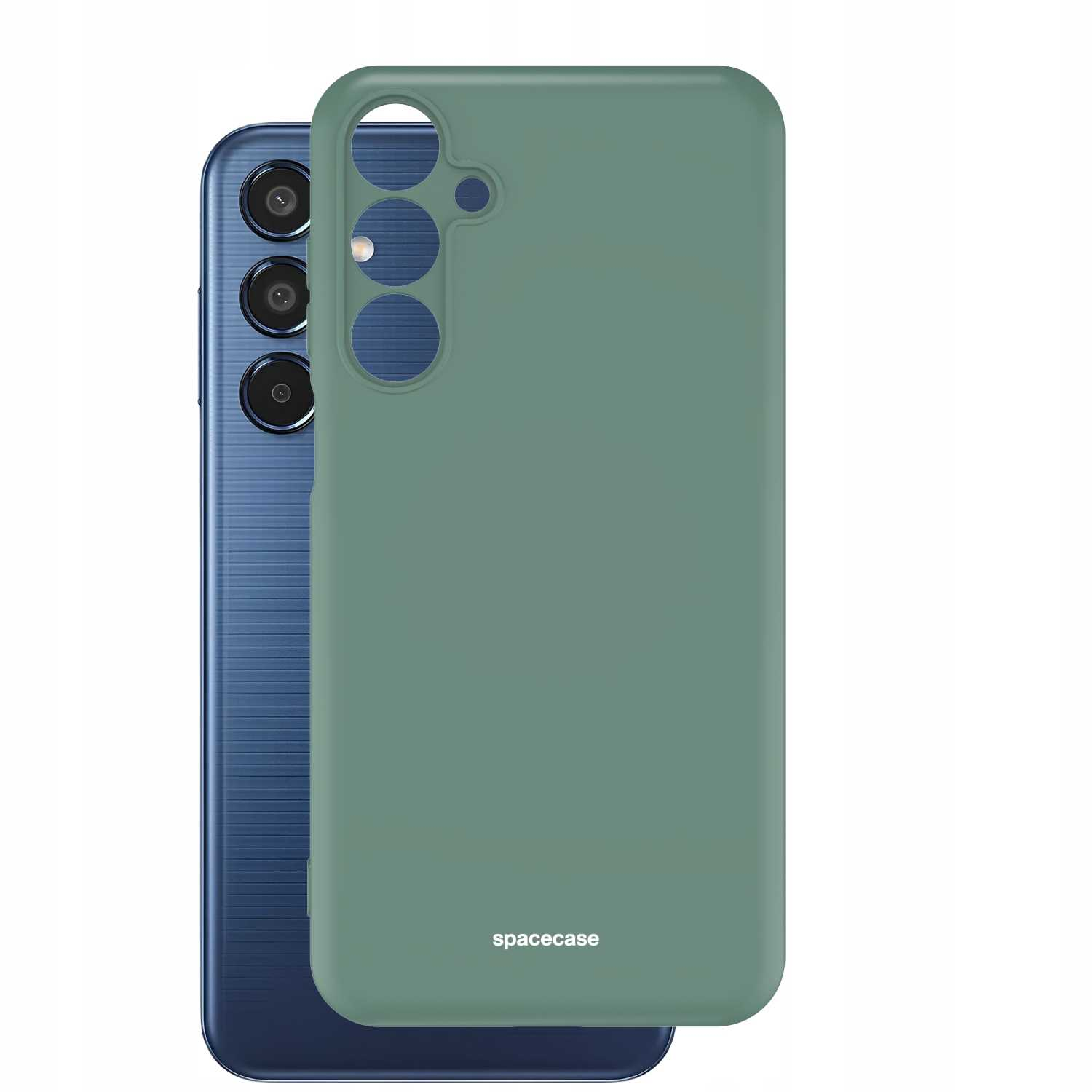 Niebieski telefon obok zielonego etui na telefon. Na etui widnieje napis „spacecase”.