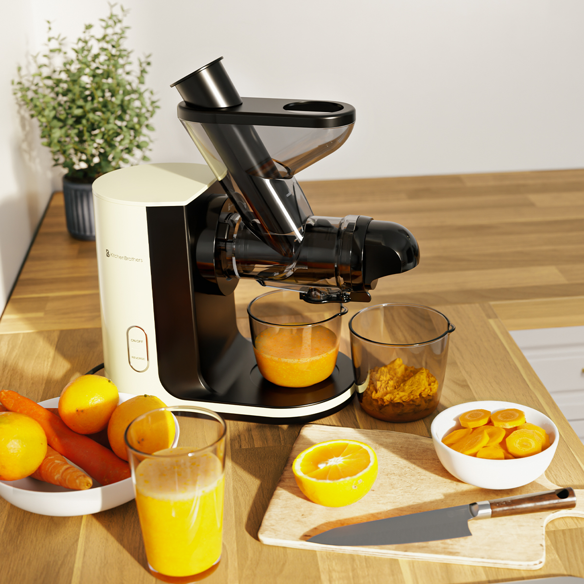 Beige juicer on a wooden counter with cut oranges, carrots, and juice.