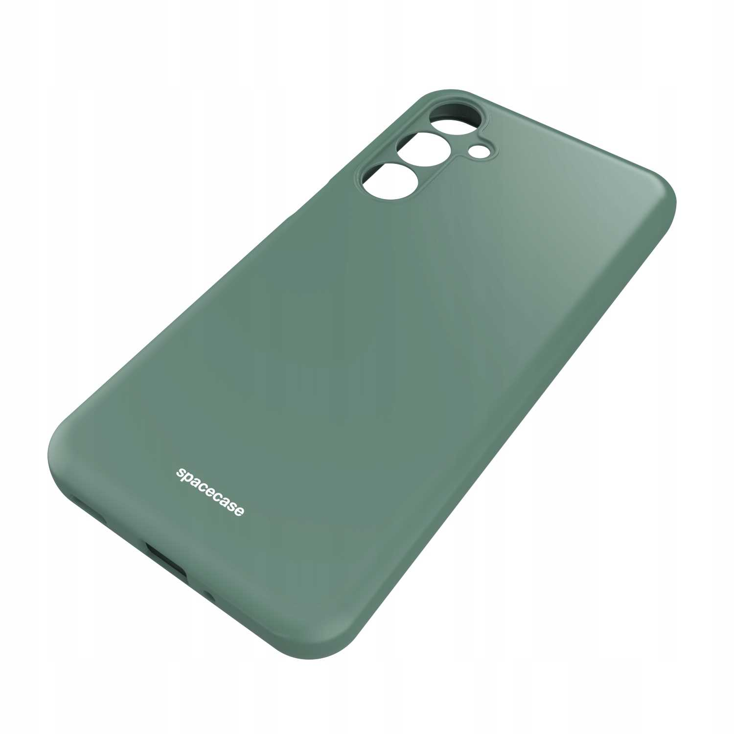 Zielone etui na telefon z napisem „spacecase” na dole, ustawione pod kątem na białej powierzchni.