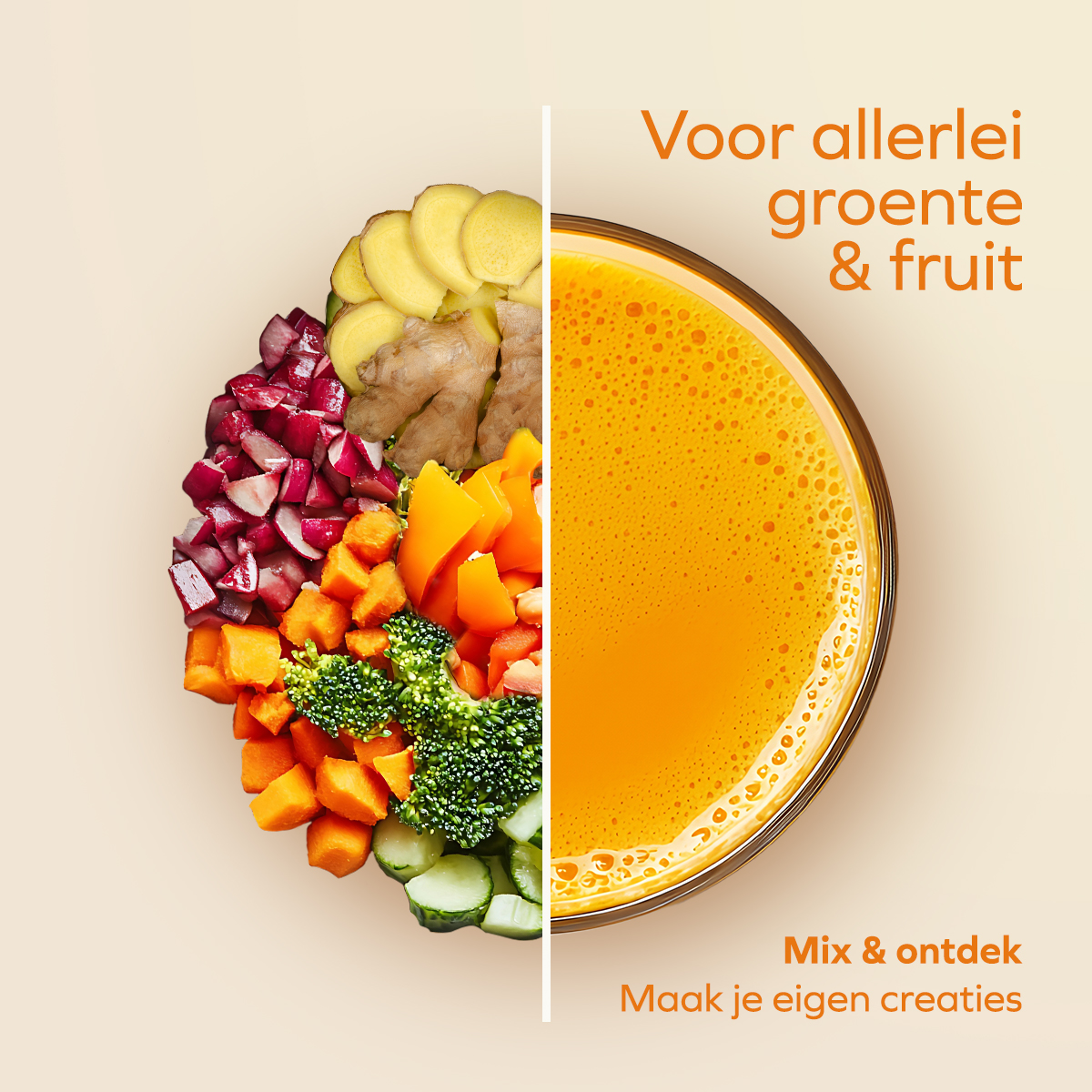 A bowl of chopped fruits and vegetables next to a glass of orange juice.
