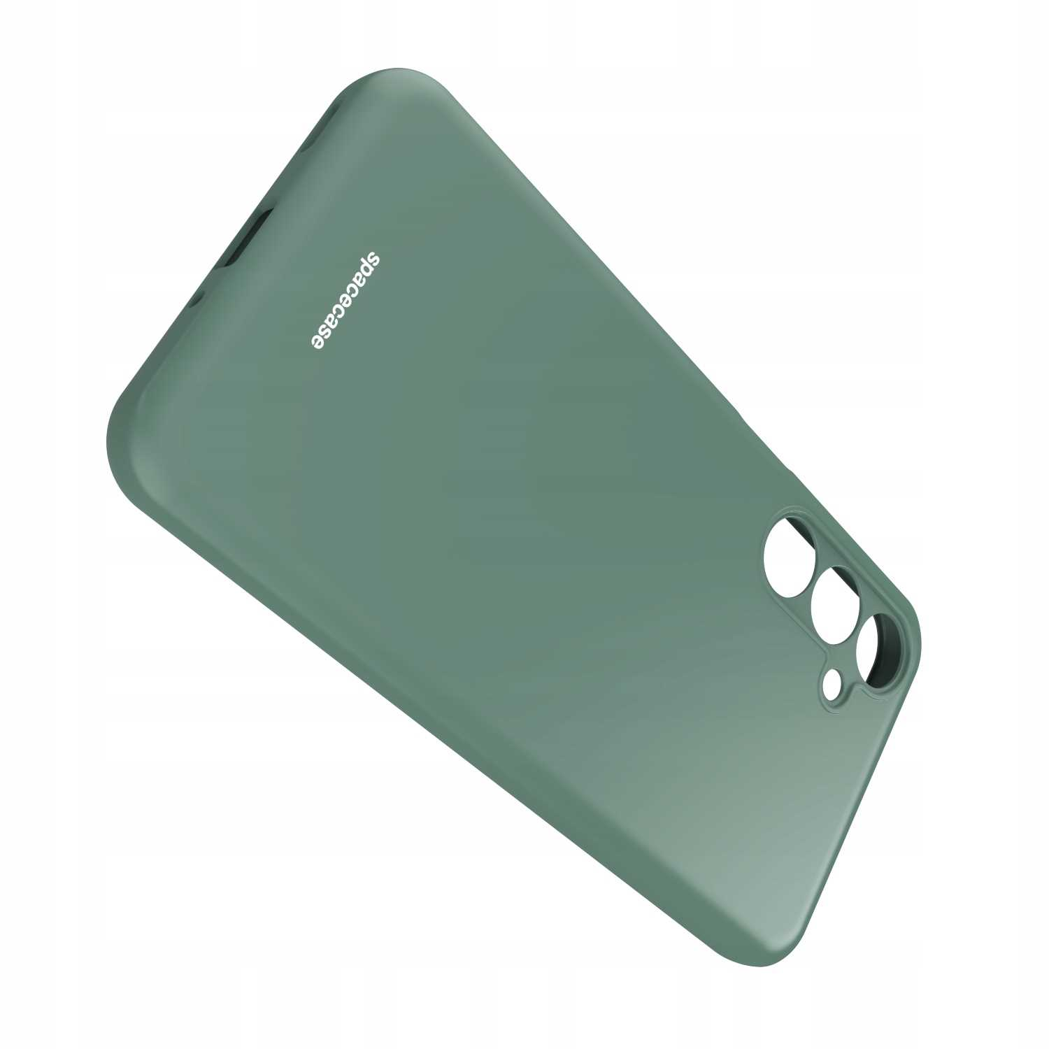 Zielone etui na telefon z napisem „spacecase” na dole, ustawione pod kątem na białej powierzchni.