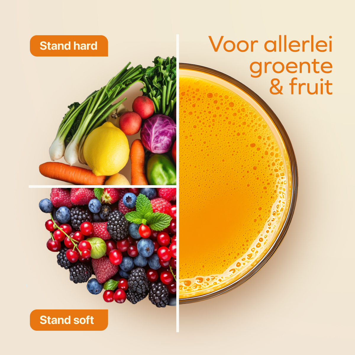 De afbeelding toont fruit, groenten, sap en tekst op een gesegmenteerde achtergrond, ter bevordering van gezonde voeding.