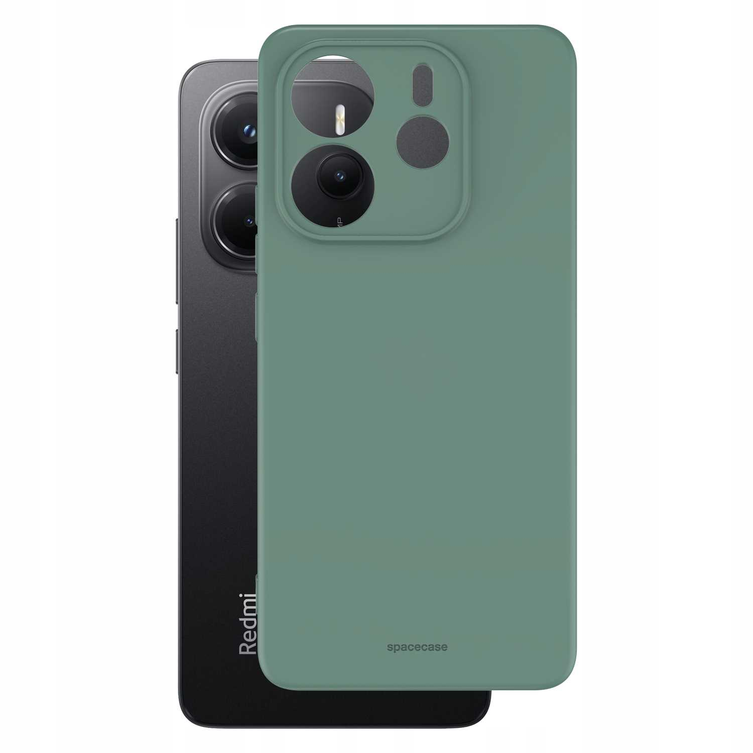 Ciemnozielone etui na telefon z otworami na obiektyw aparatu stoi obok telefonu Redmi na białym tle.