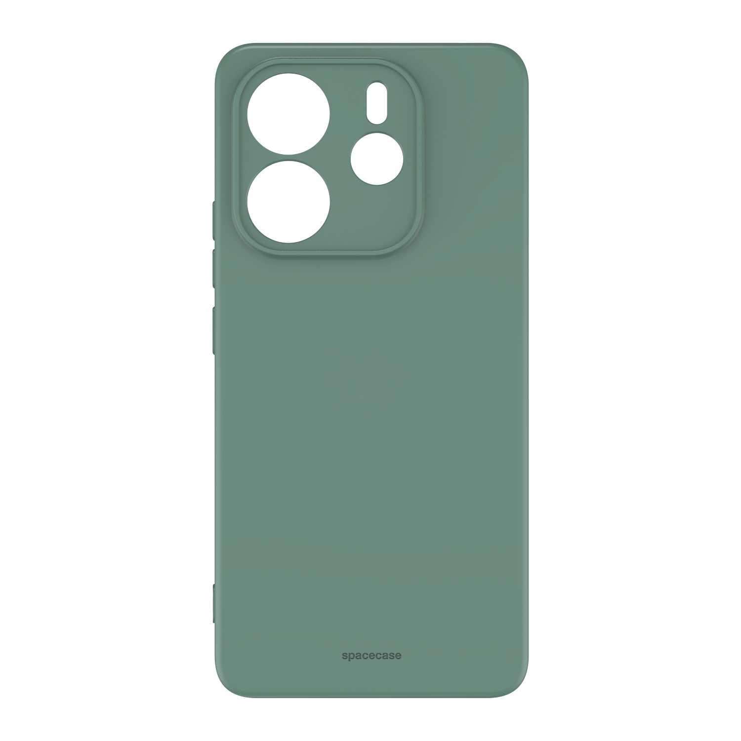 Ciemnozielone etui na telefon z otworami na obiektyw aparatu, prezentowane na białym tle; proste i nowoczesne.