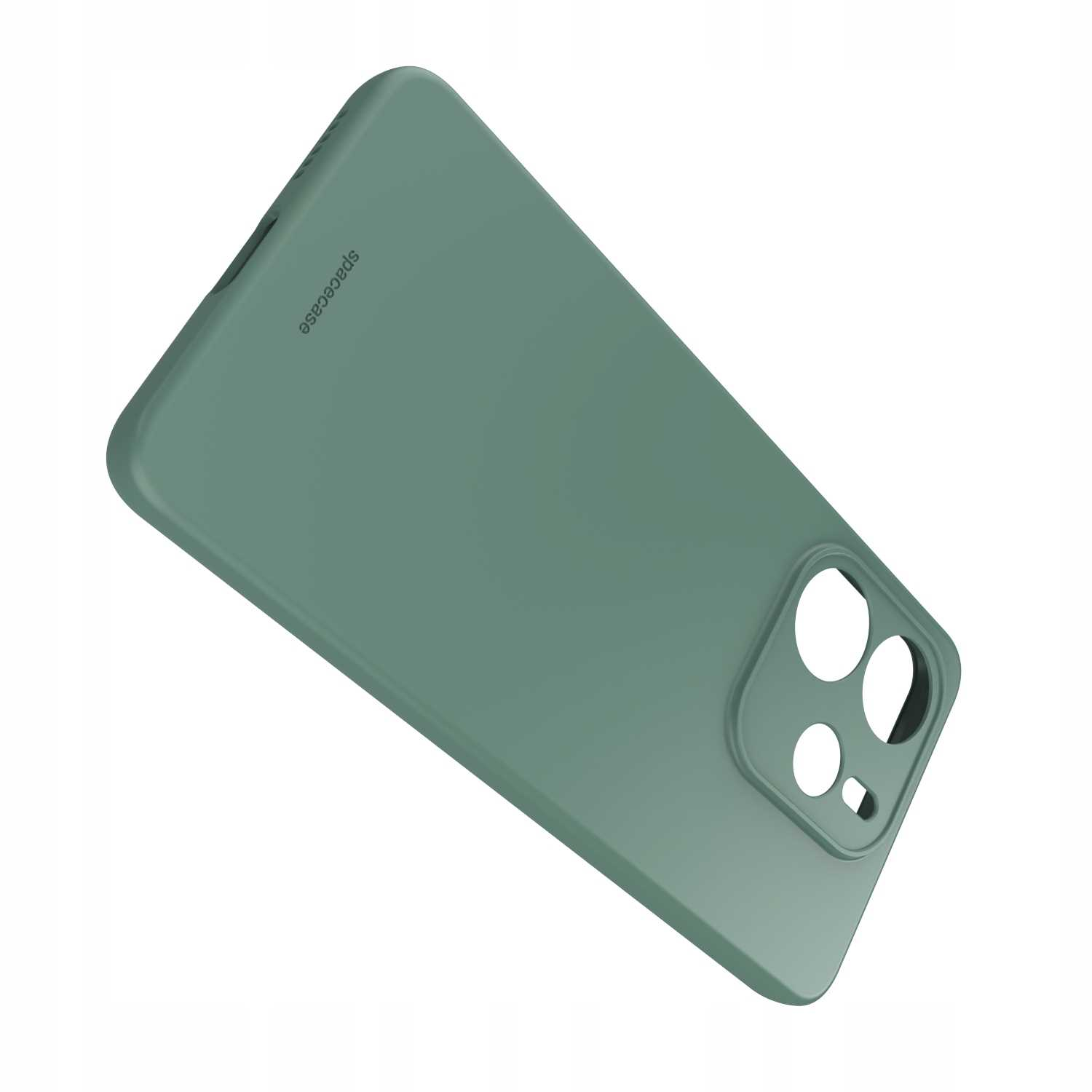 Ustawione pod kątem ciemnozielone etui na telefon z otworami na obiektyw aparatu, białe tło; prosty i nowoczesny design.