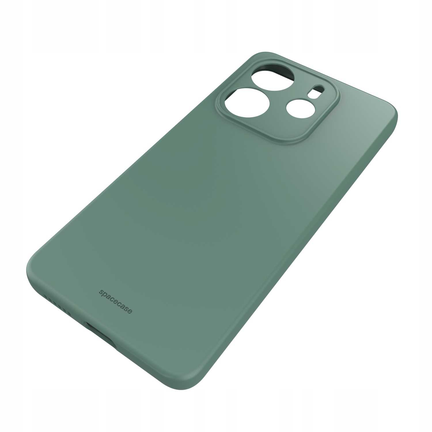 Ustawione pod kątem ciemnozielone etui na telefon z otworami na obiektyw aparatu, białe tło; prosty i nowoczesny design.