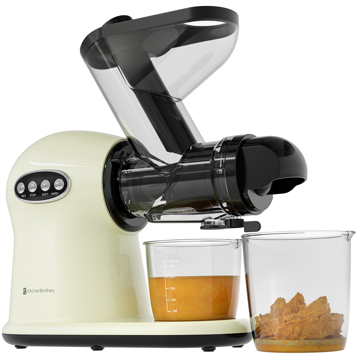 Een crèmekleurige juicer met sap- en pulpbekers op een witte achtergrond.