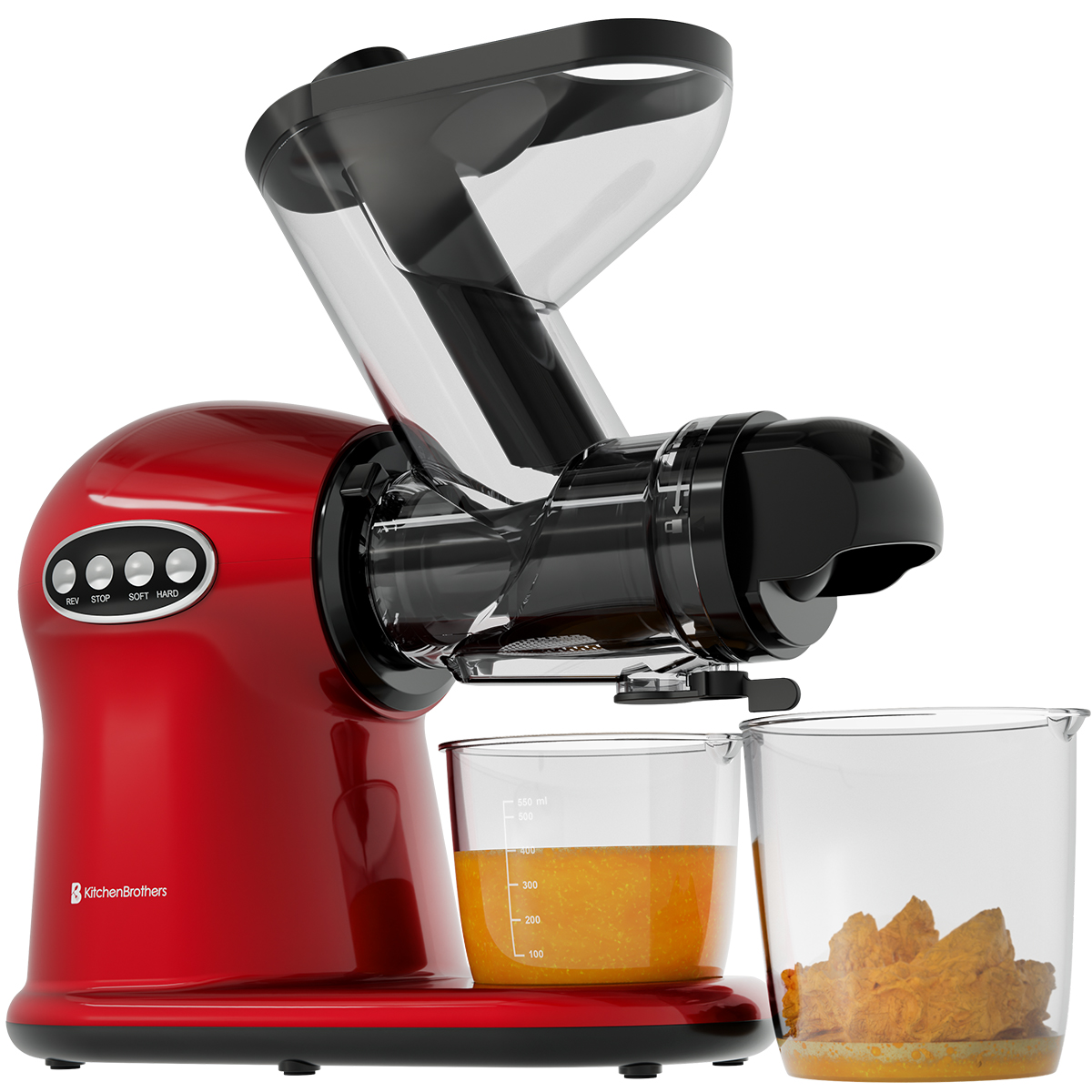Rode KitchenBrothers slowjuicer die sinaasappelsap in een glas perst, met pulp in een ander glas.