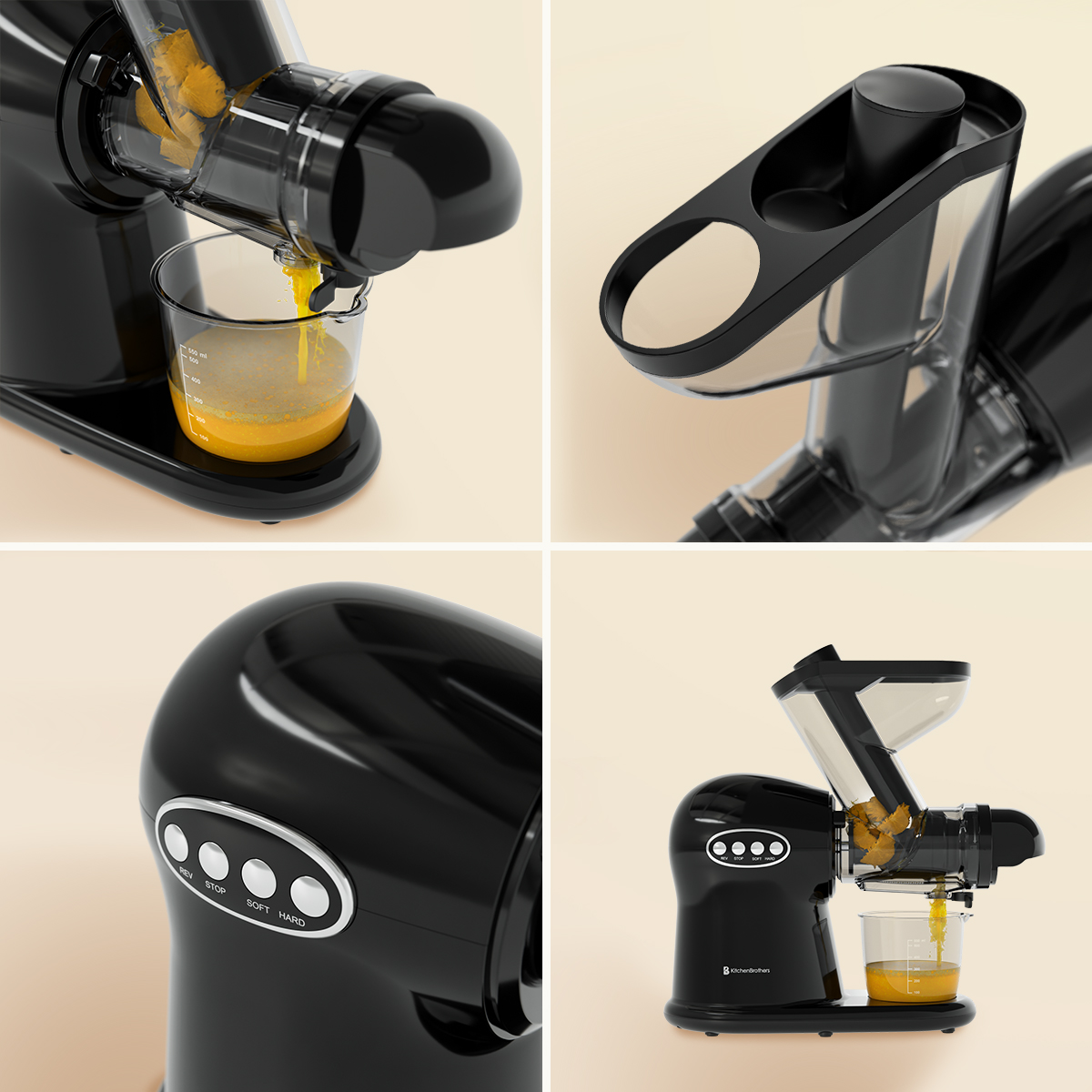 Collage van zwarte KitchenBrothers slowjuicer die sinaasappelsap in een glas perst.