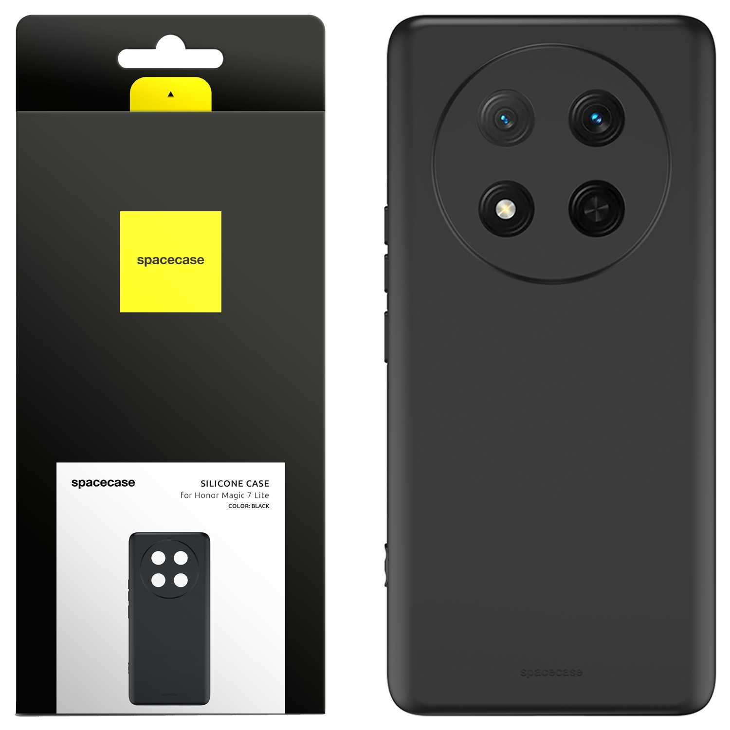 Czarne silikonowe etui na telefon z wzorem obiektywu aparatu obok opakowania.