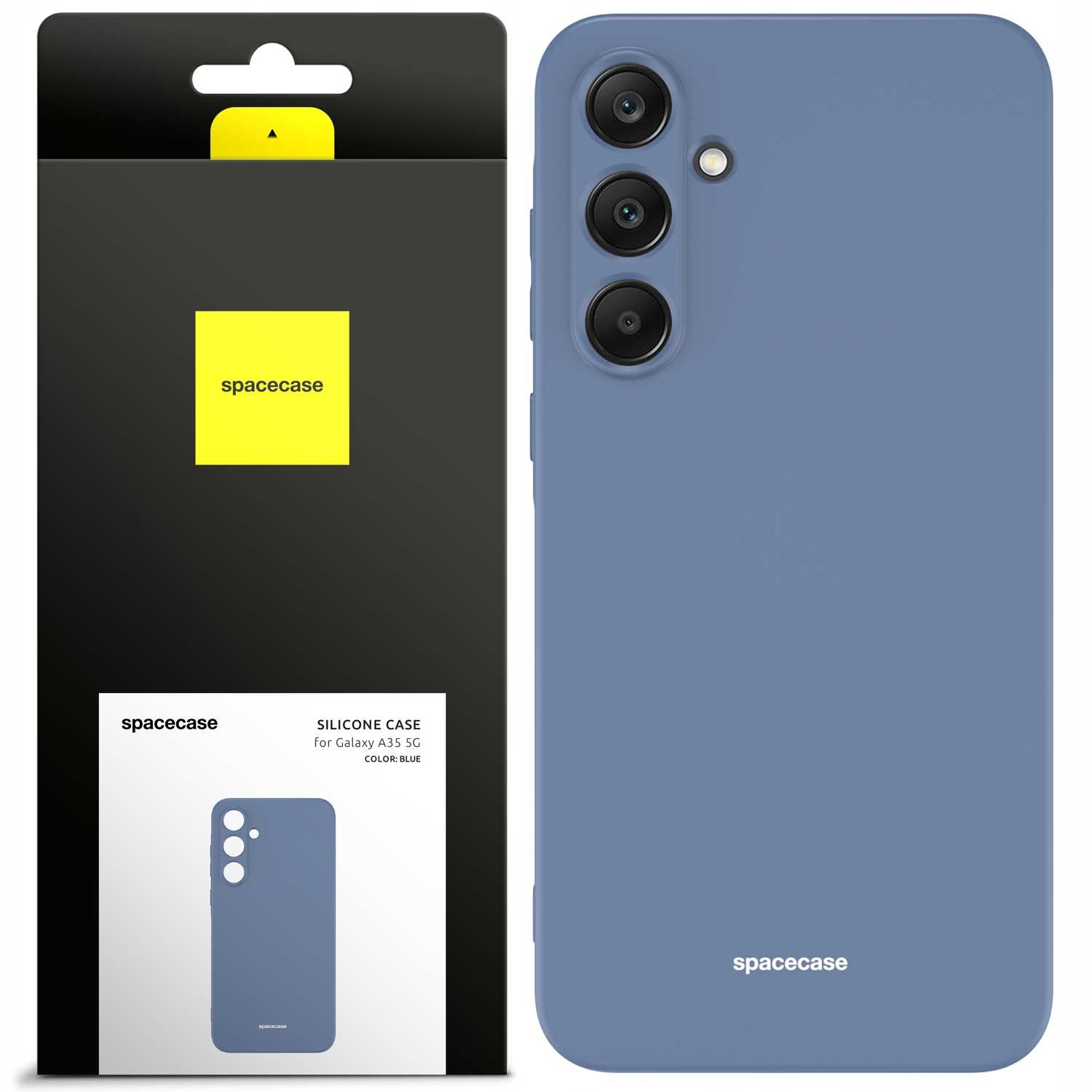 Niebieskie etui na telefon z obiektywami aparatu i pudełko z logo 'spacecase' na białym tle.