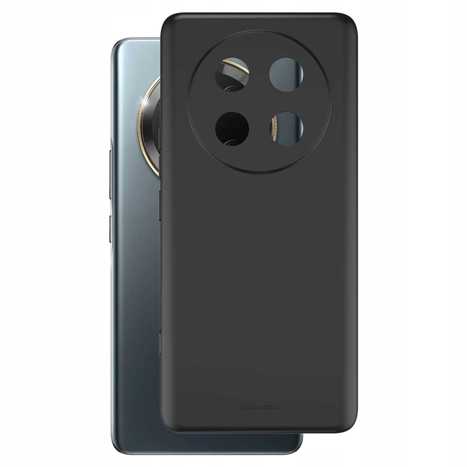 Czarne silikonowe etui na telefon z wzorem obiektywu aparatu na srebrnym telefonie.