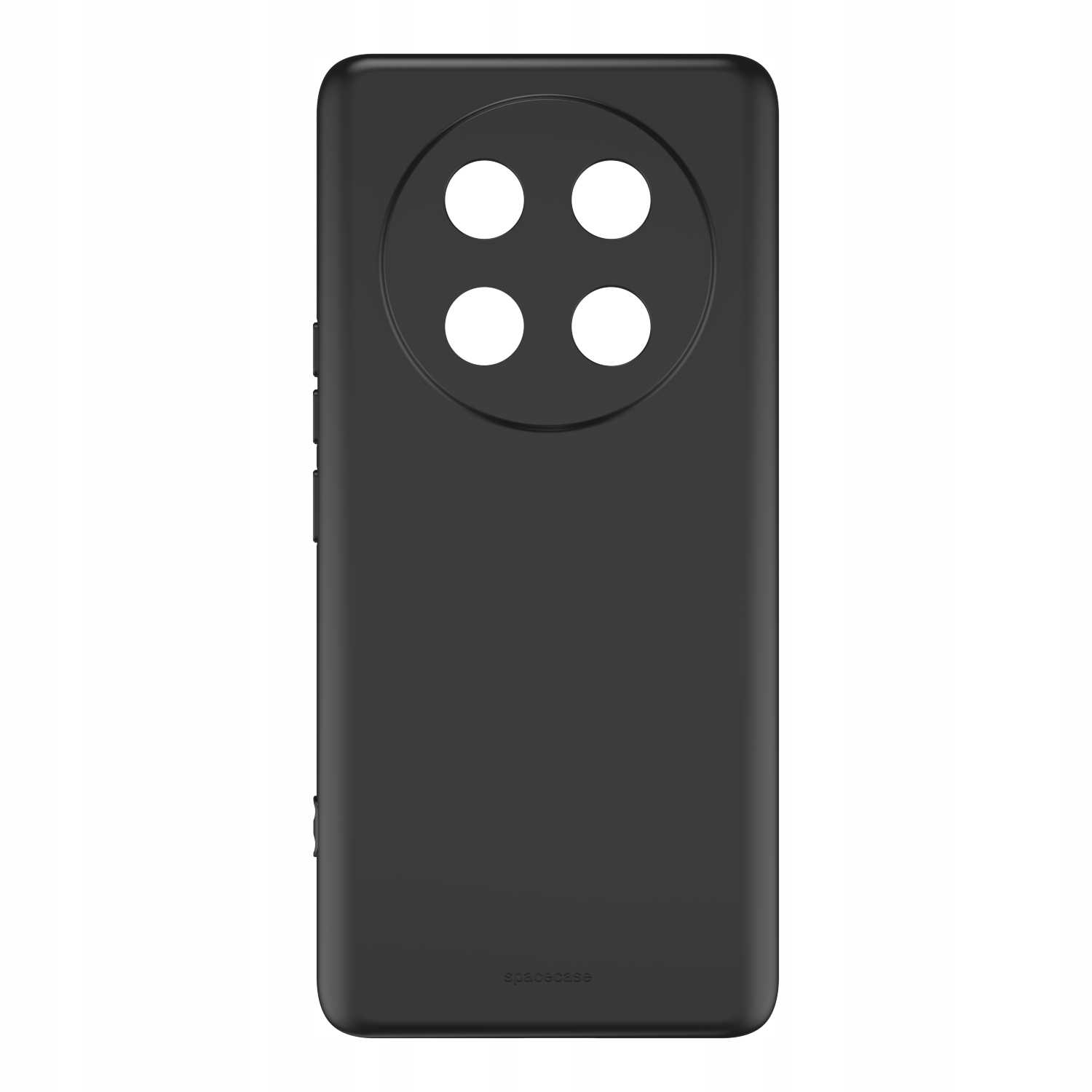 Czarne etui na telefon z okrągłymi wycięciami na aparat, leżące płasko na białym tle.