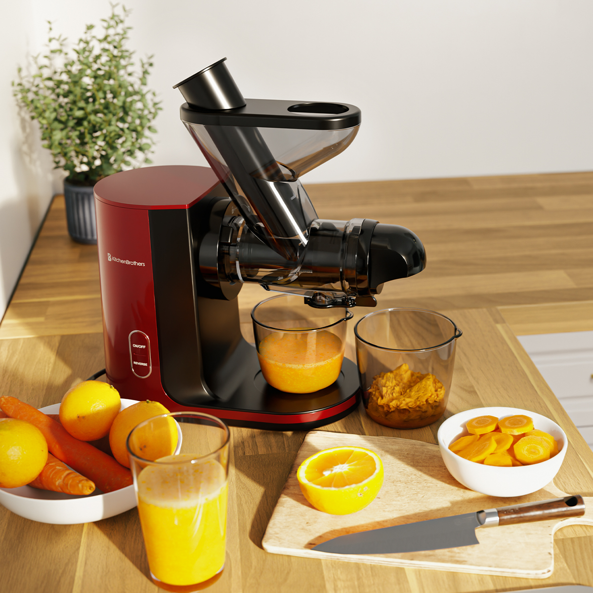 A juicer on a wooden table, with oranges, lemons, carrots, and containers of juice.