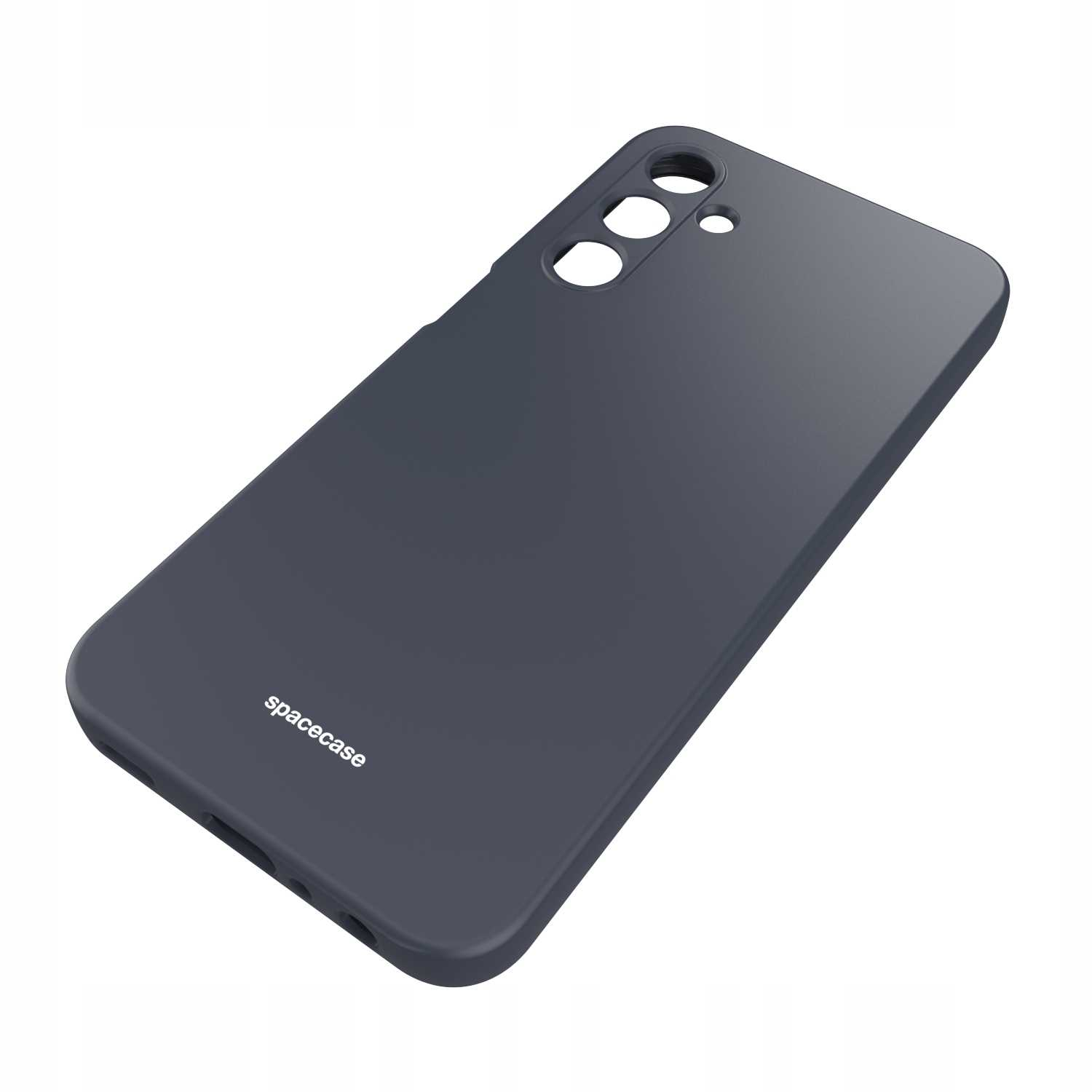 Ciemnoszare etui na telefon z wycięciami na obiektyw aparatu leży ukośnie na białej powierzchni.
