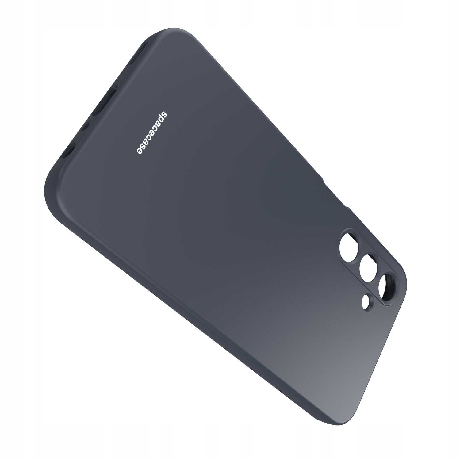 Ciemnoszare etui na telefon z wycięciami na obiektyw aparatu leży ukośnie na białej powierzchni.