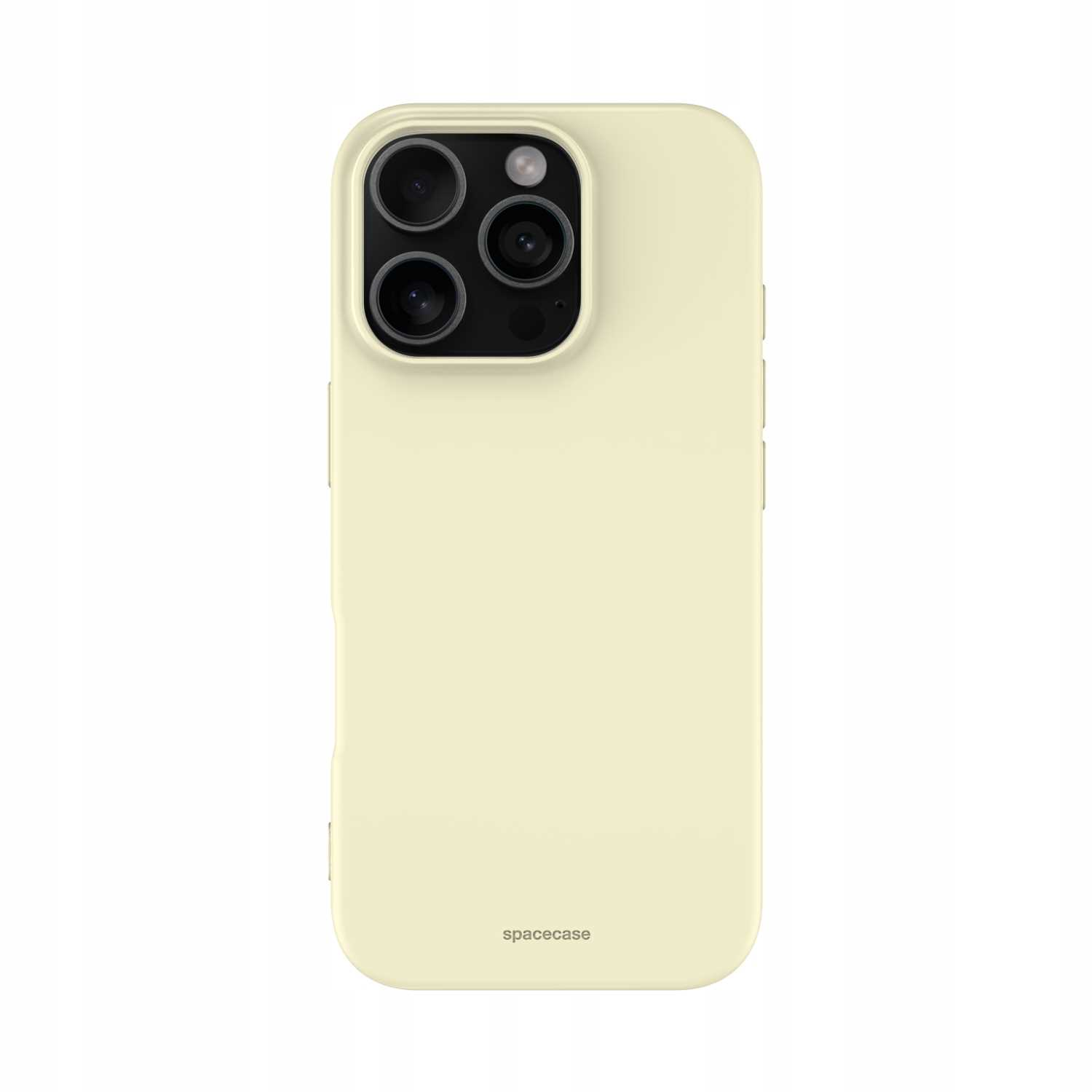 Bladożółte etui na telefon z trzema obiektywami i napisem spacecase na dole.