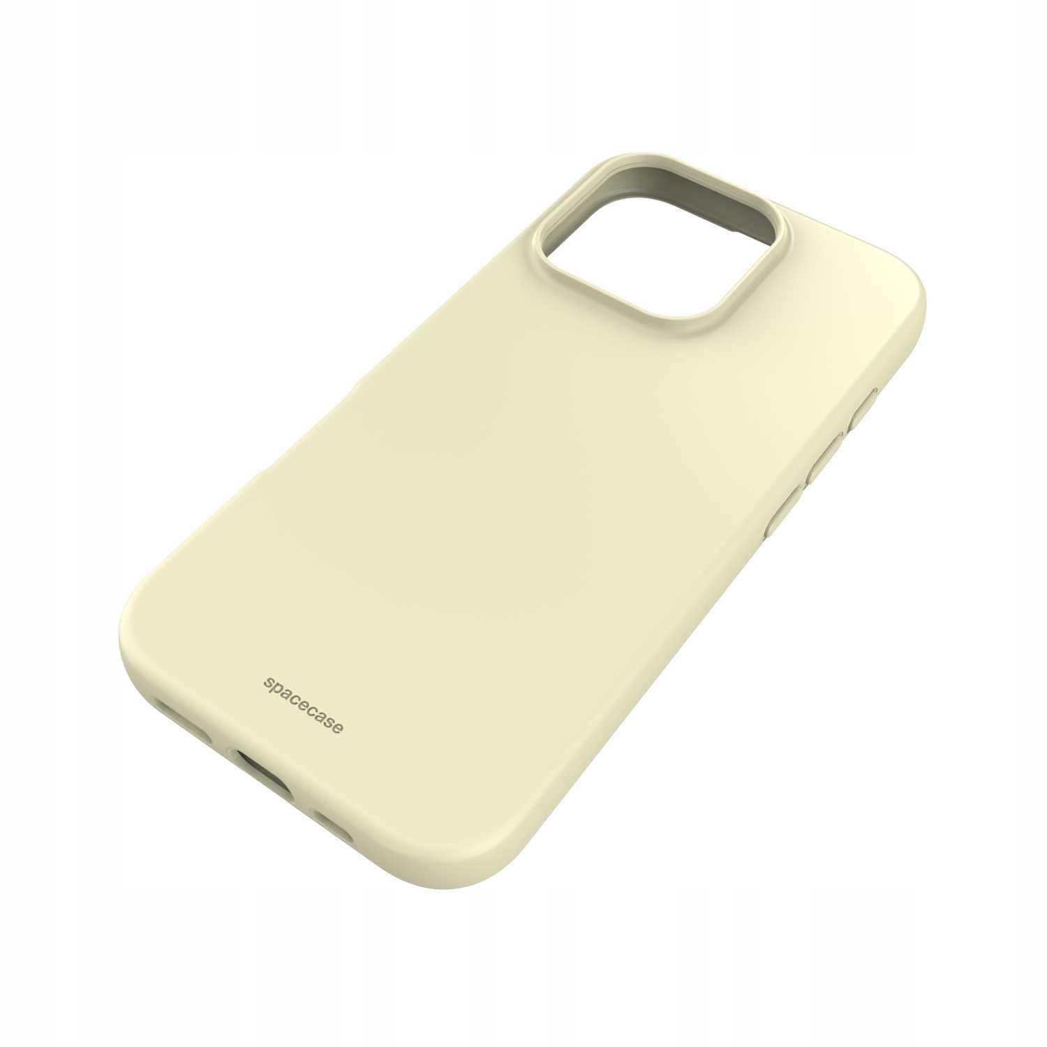 Bladożółte etui na telefon jest ustawione pod kątem na białej powierzchni, z napisem spacecase z boku.