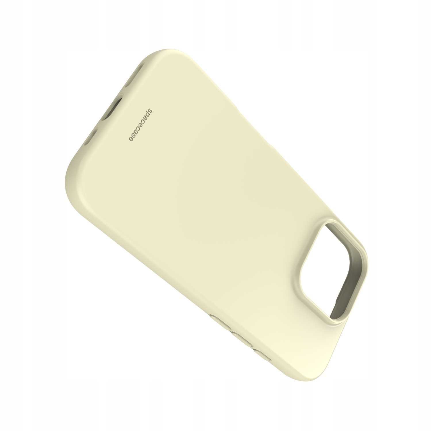 Bladożółte etui na telefon jest ustawione pod kątem na białej powierzchni, z napisem spacecase z boku.