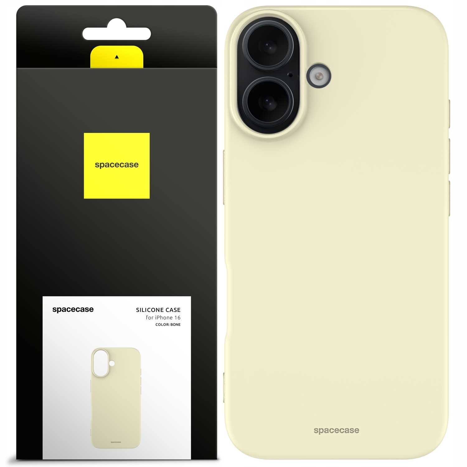 Bladożółte etui na telefon znajduje się obok czarnego opakowania, oba z napisem spacecase.