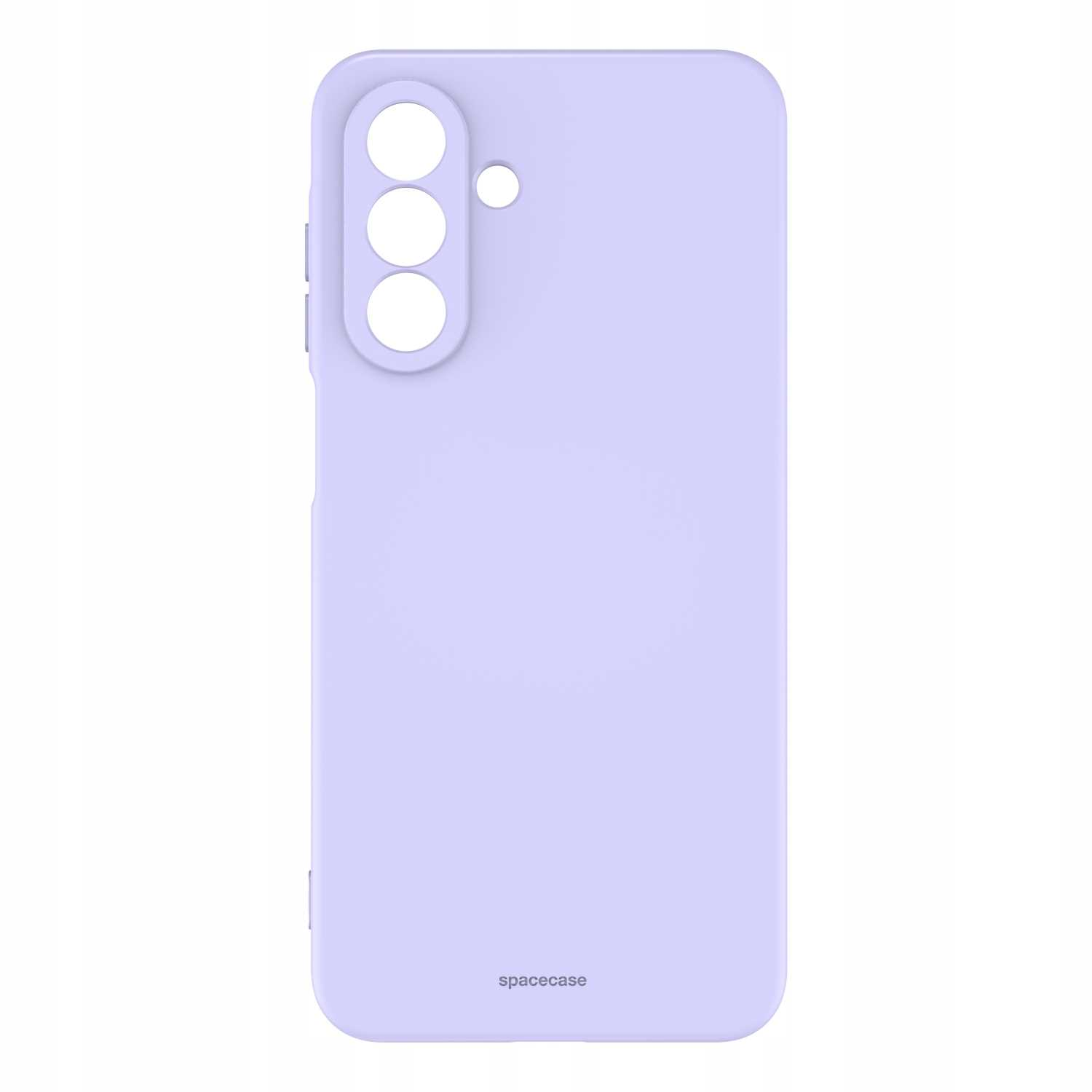 Jasnofioletowe silikonowe etui na telefon z wycięciami na aparat i logo.