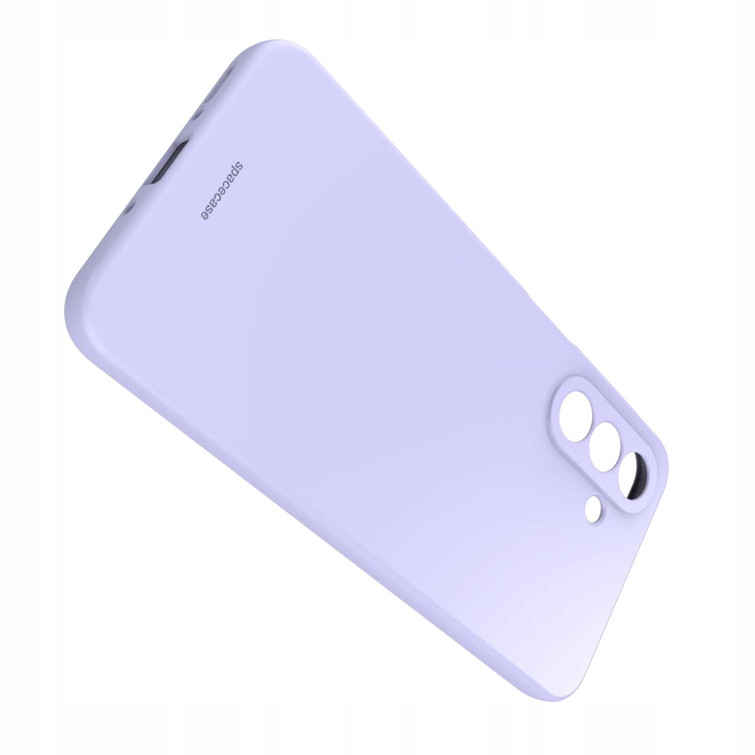 Widok pod kątem jasnofioletowego silikonowego etui na telefon z wycięciami na aparat.
