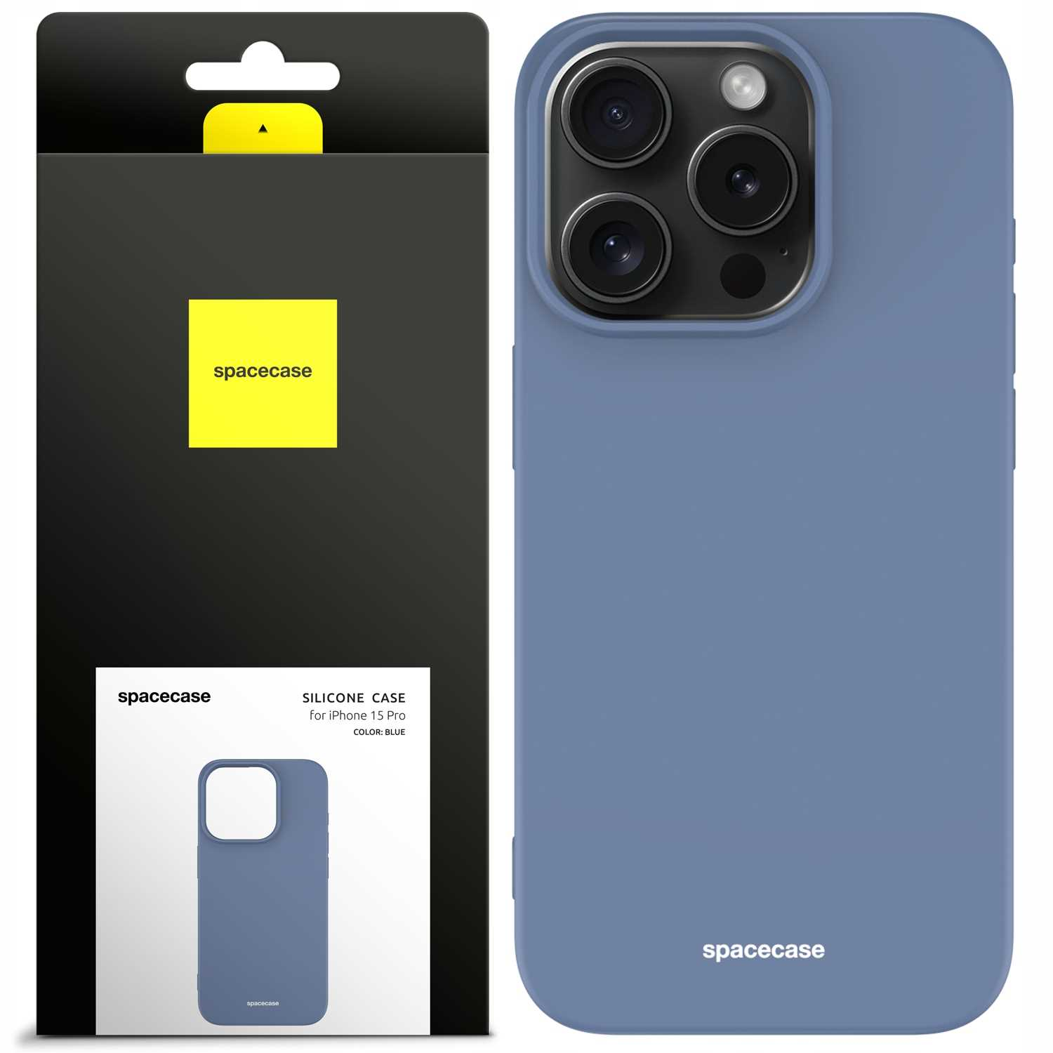 Niebieskie etui na telefon i opakowanie, z trzema wycięciami na obiektywy aparatu i logo „spacecase”.
