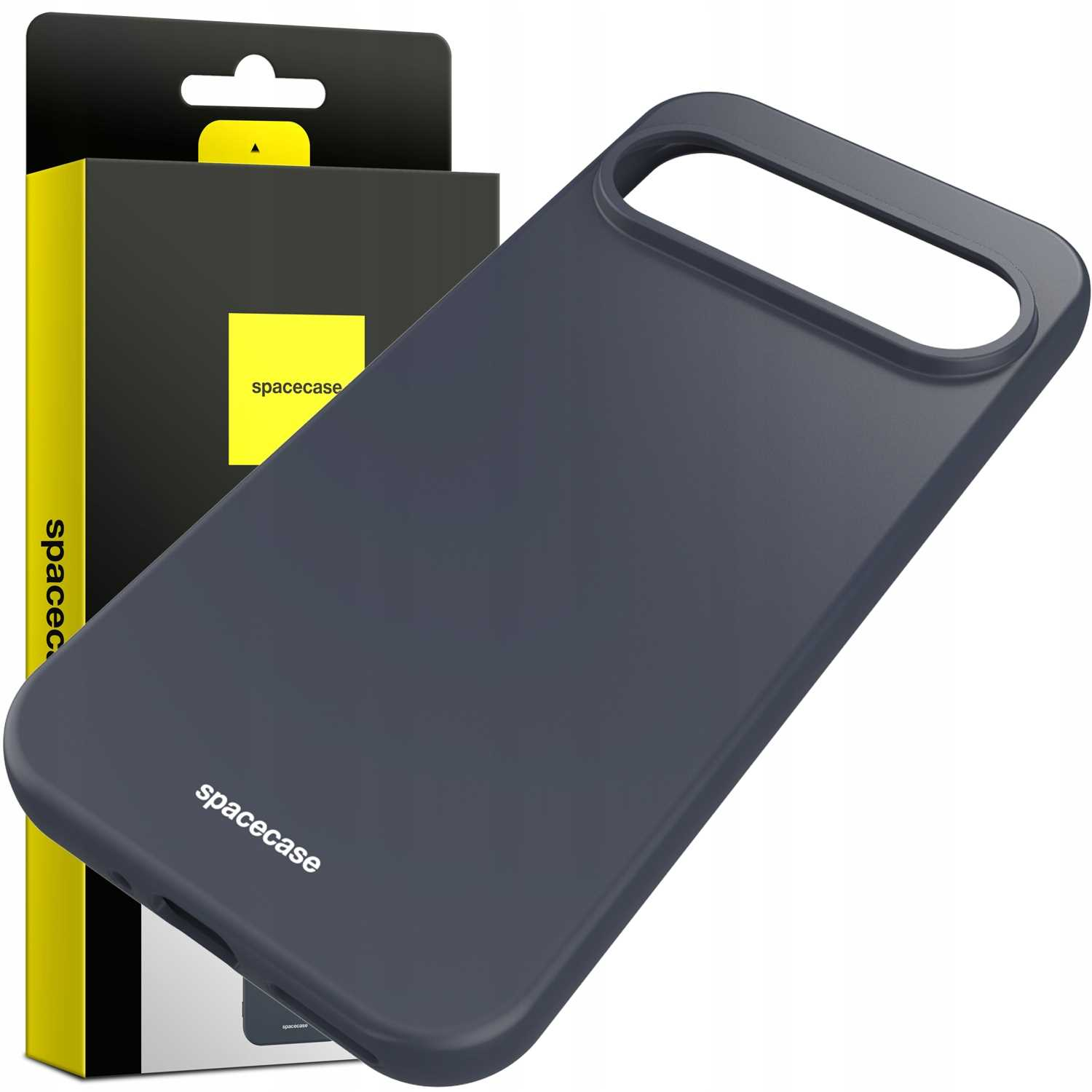 Ciemnoszare etui na telefon z wycięciem na aparat, obok opakowania, z logo „spacecase”.