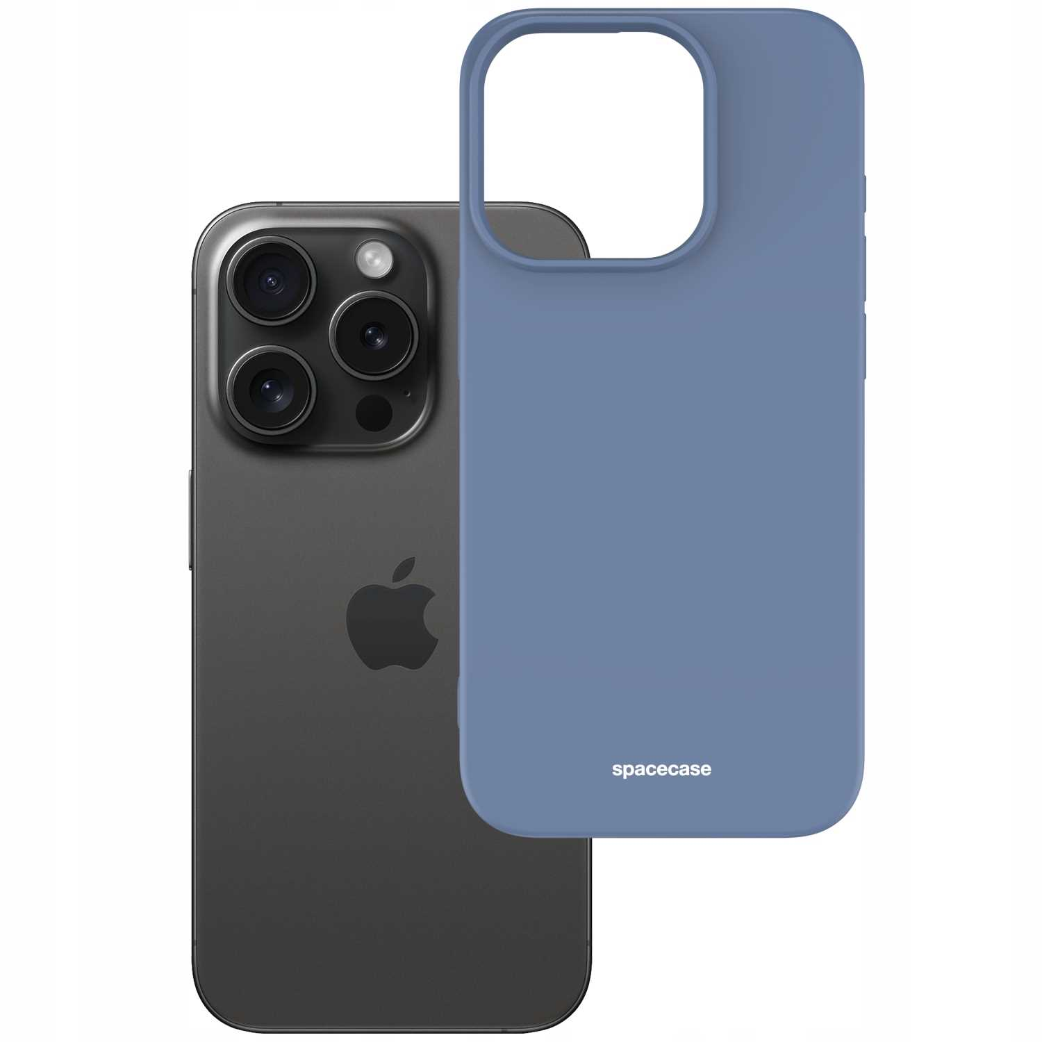 Niebieskie etui na telefon obok szarego telefonu z trzema obiektywami aparatu i logo Apple.