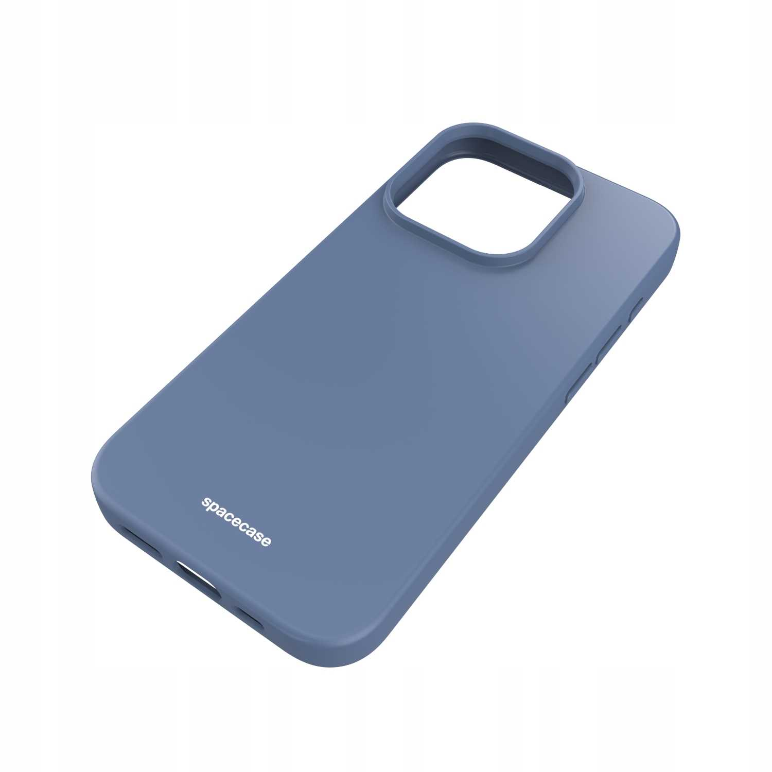 Niebieskie etui Spacecase ustawione pod kątem na białym tle, z logo Spacecase.