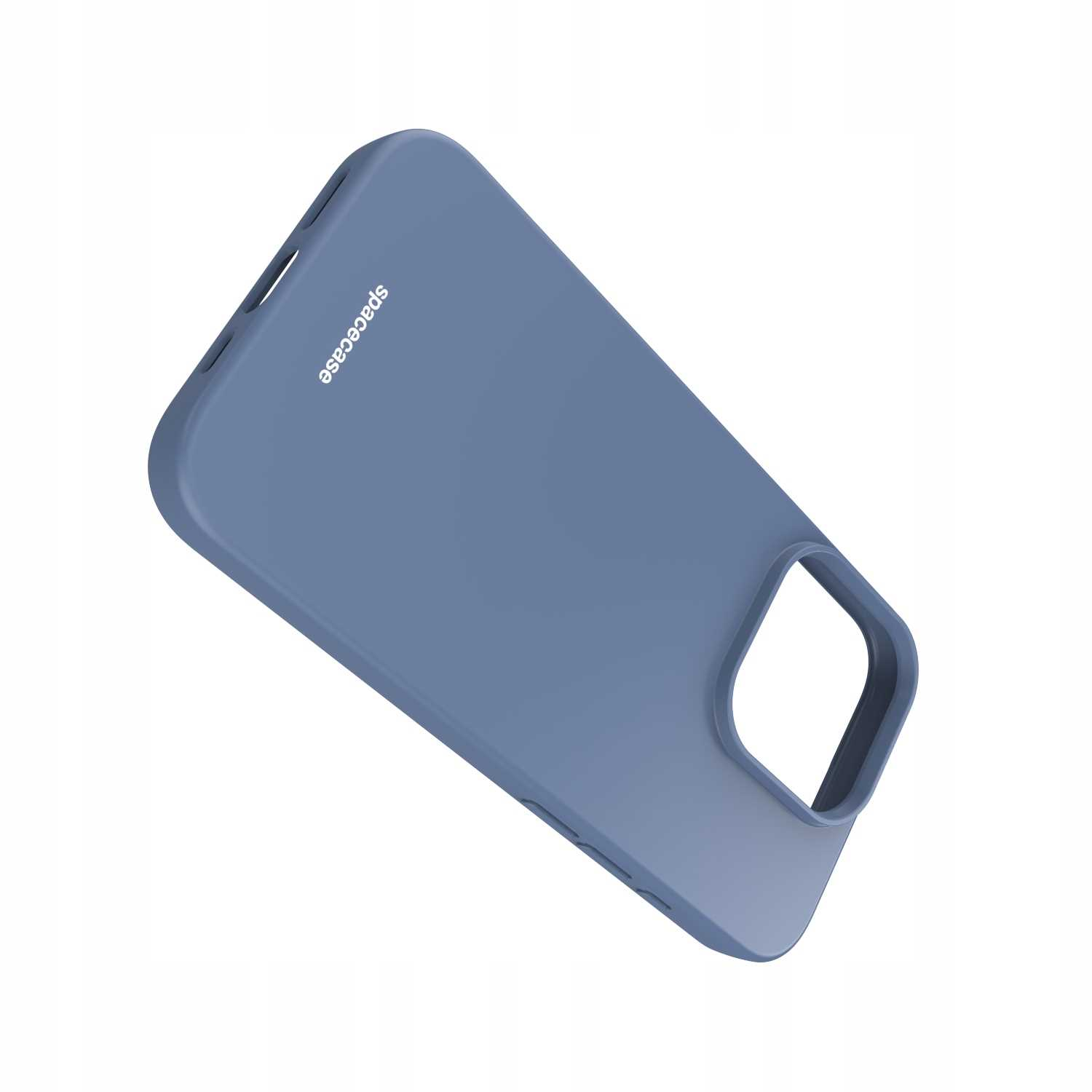 Niebieskie etui na telefon Spacecase jest wyświetlane pod kątem na białym tle.