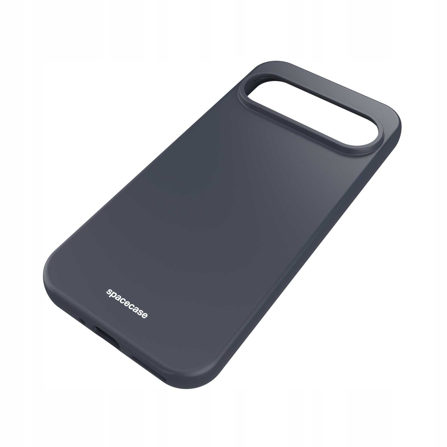 Szare etui na telefon Spacecase jest wyświetlane pod kątem na białym tle.