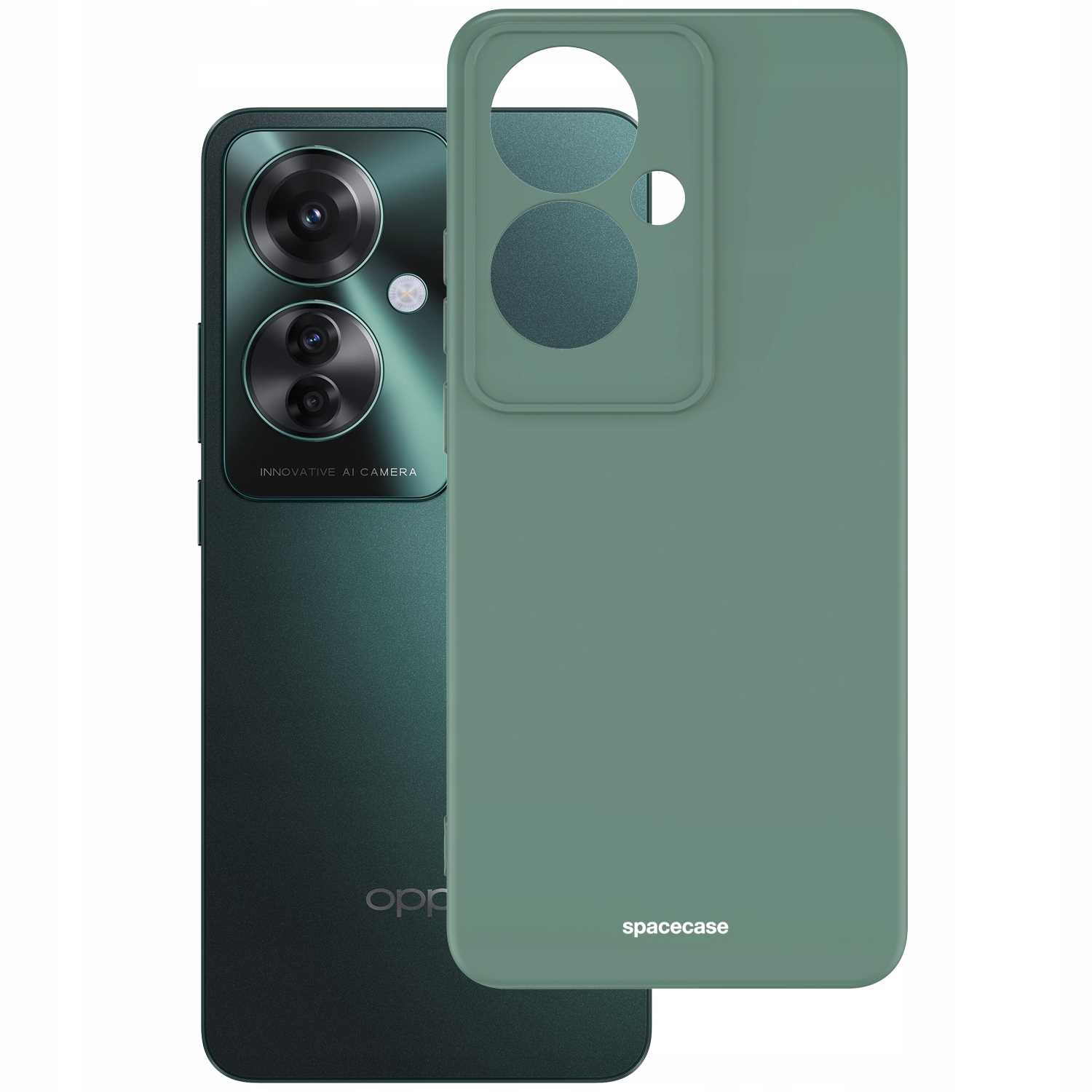 Zielone etui na telefon zakrywa tył ciemnozielonego smartfona z trzema kamerami.