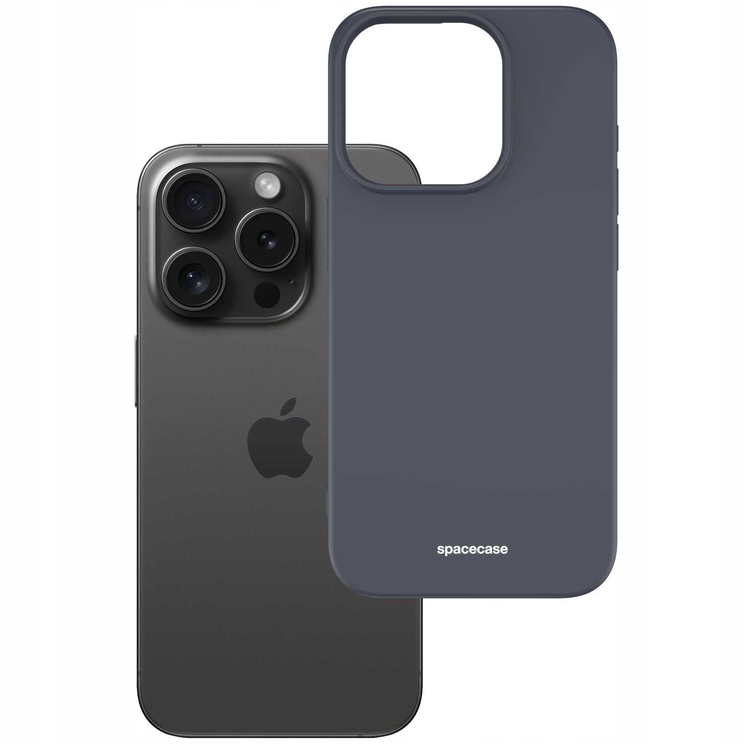 iPhone i ciemnoniebieskie etui. Etui jest osobno i pokazuje markę 'spacecase'.