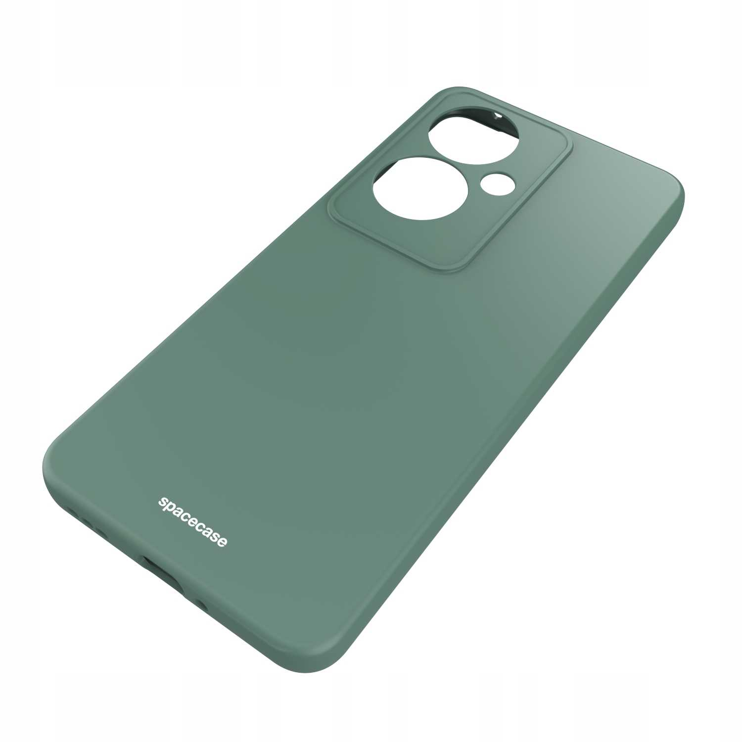 Zielone etui na telefon z wycięciem na aparat. Marka 'spacecase' jest widoczna.