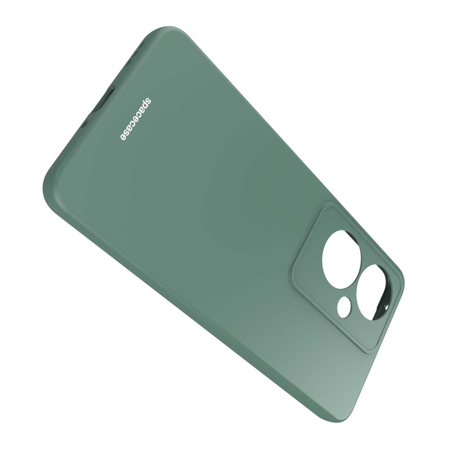 Zielone etui na telefon z wycięciami na aparat i marką 'spacecase'.