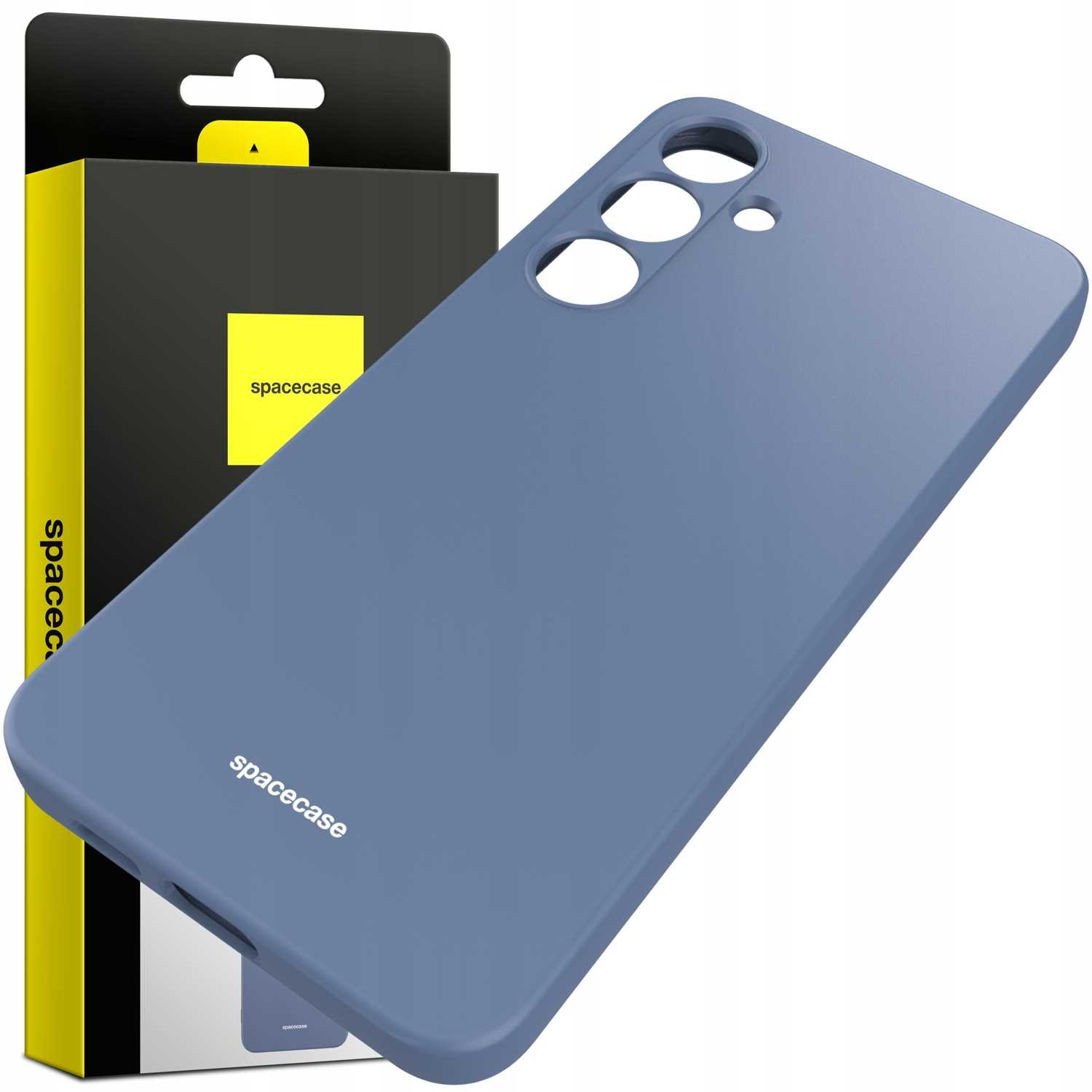 Jasnoniebieskie etui na telefon z logo Spacecase, widok pod kątem z opakowaniem.