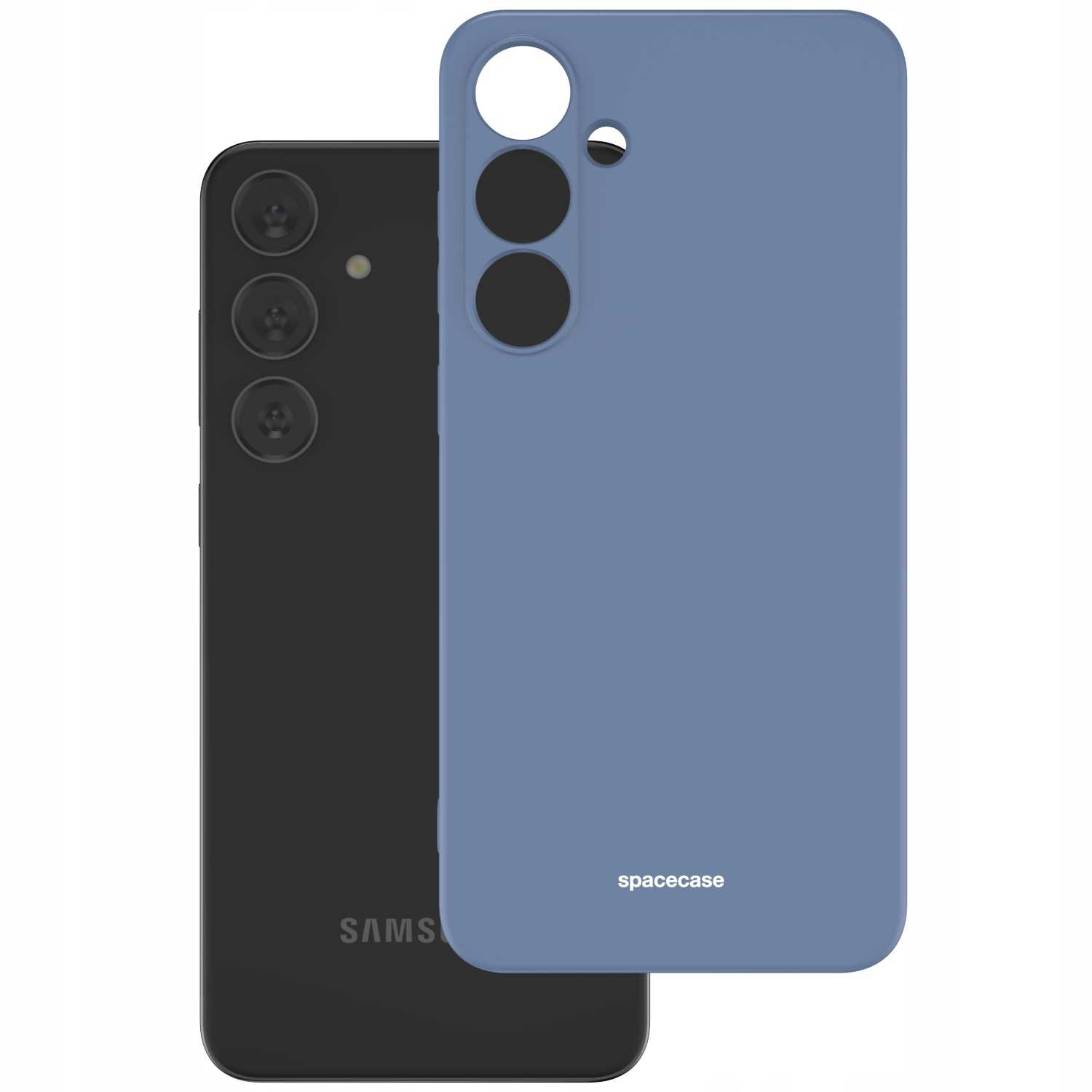 Jasnoniebieskie etui na telefon z logo Spacecase, widoczne obiektywy aparatu.