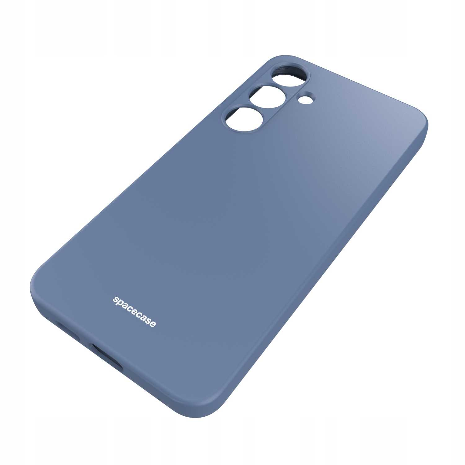 Jasnoniebieskie etui na telefon z logo Spacecase, pod kątem na białym tle.