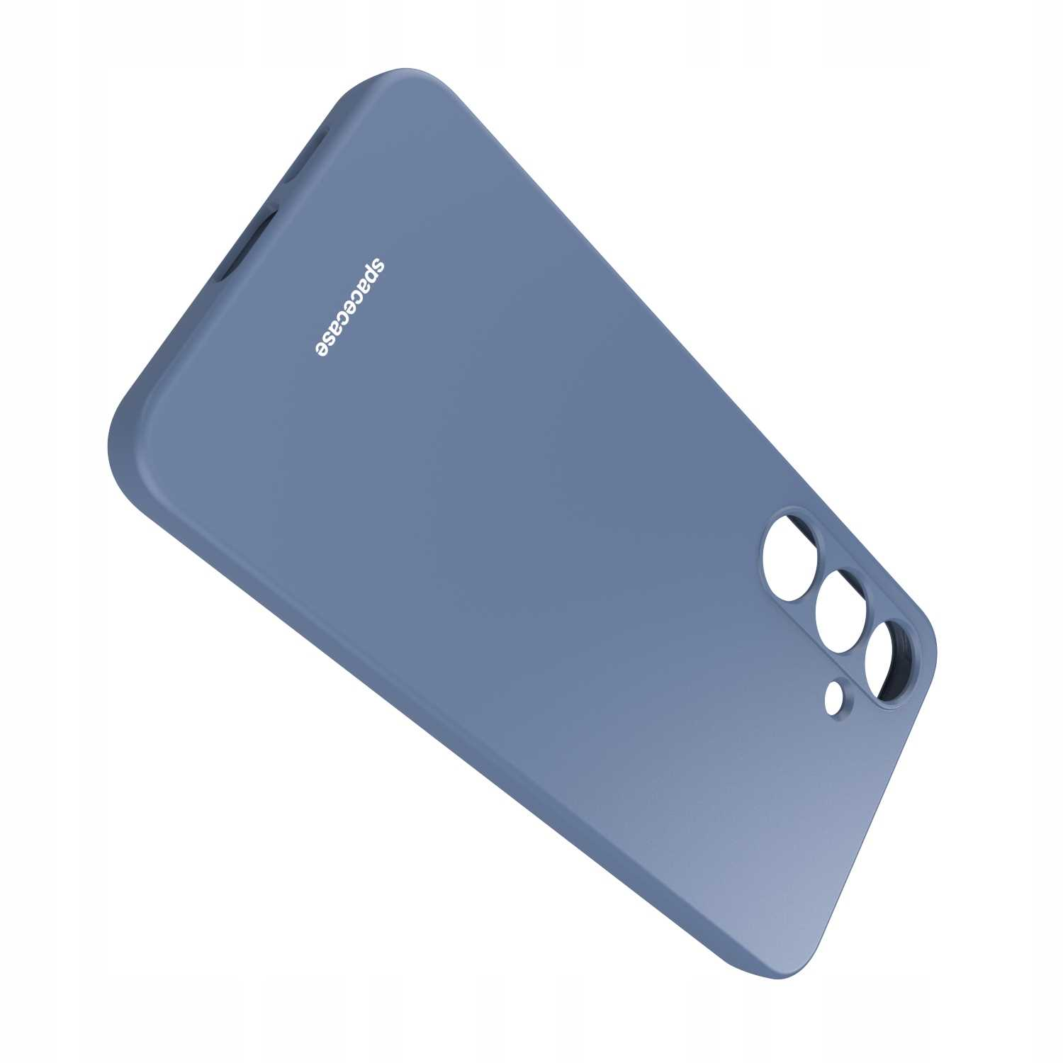 Jasnoniebieskie etui na telefon, logo Spacecase, pod kątem na białym tle.
