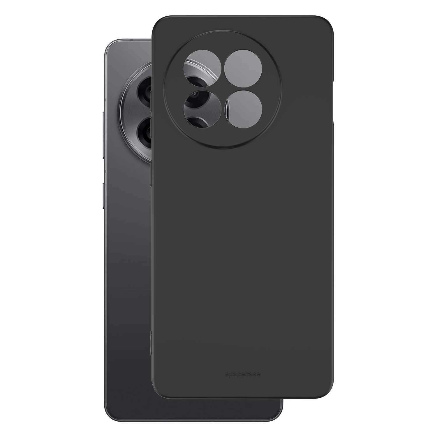 Dwa czarne etui na telefon są ułożone w stos, pokazując otwory na aparat i branding 'spacecase'.