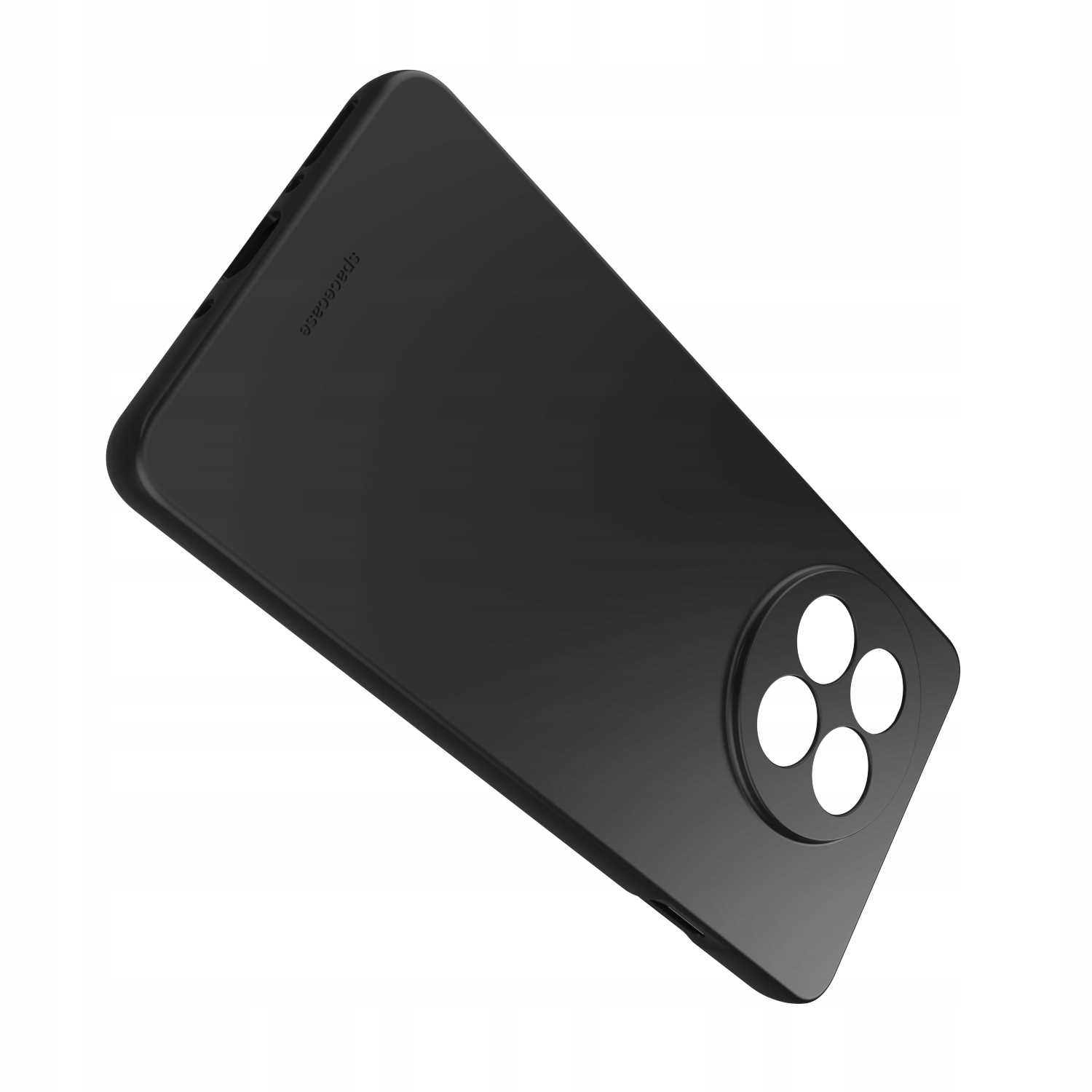 Czarne etui na telefon z otworami na aparat i brandingiem 'spacecase', ustawione pod kątem na białym tle.