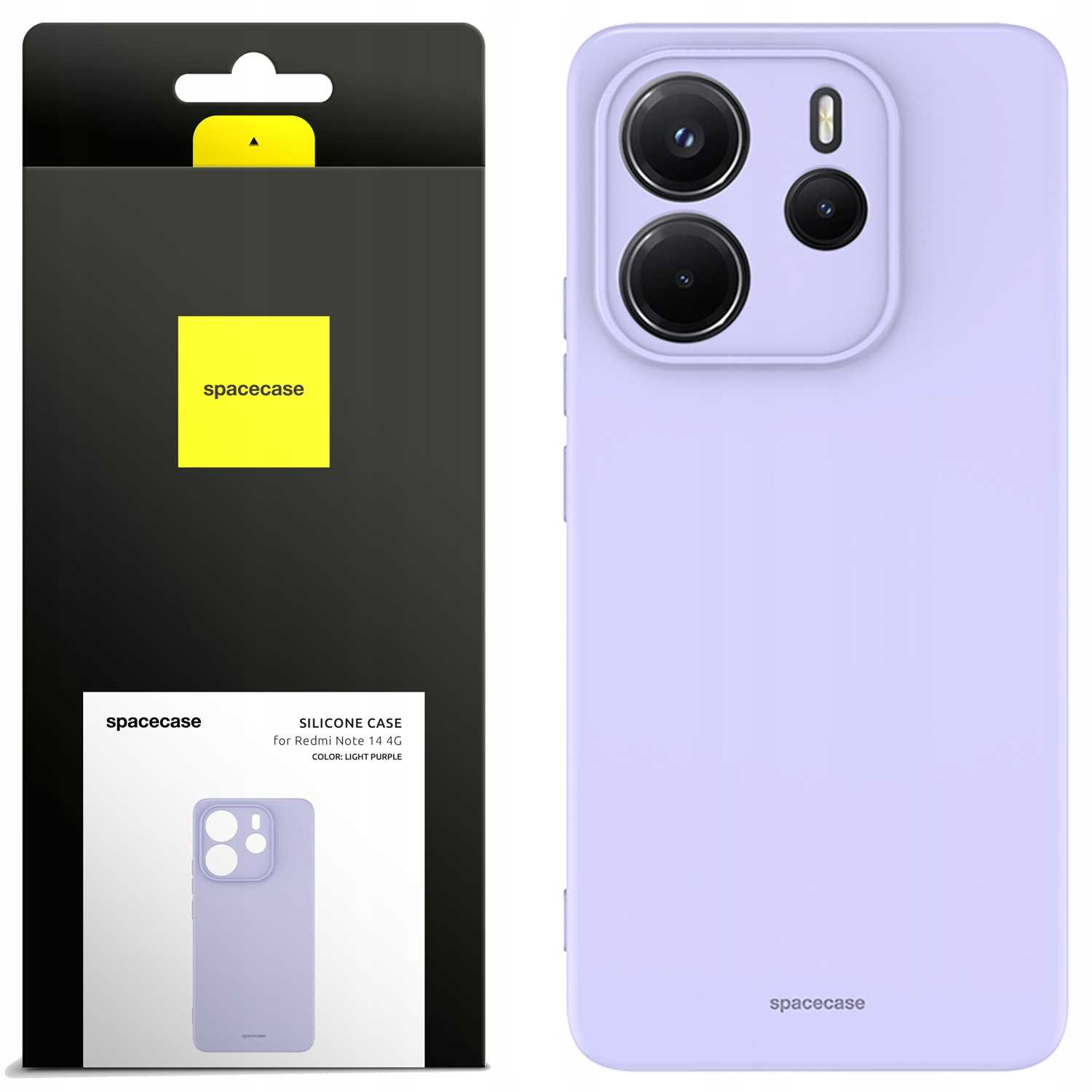 Jasnofioletowe etui na telefon i opakowanie, pokazujące otwory na aparat w etui i branding 'spacecase'.