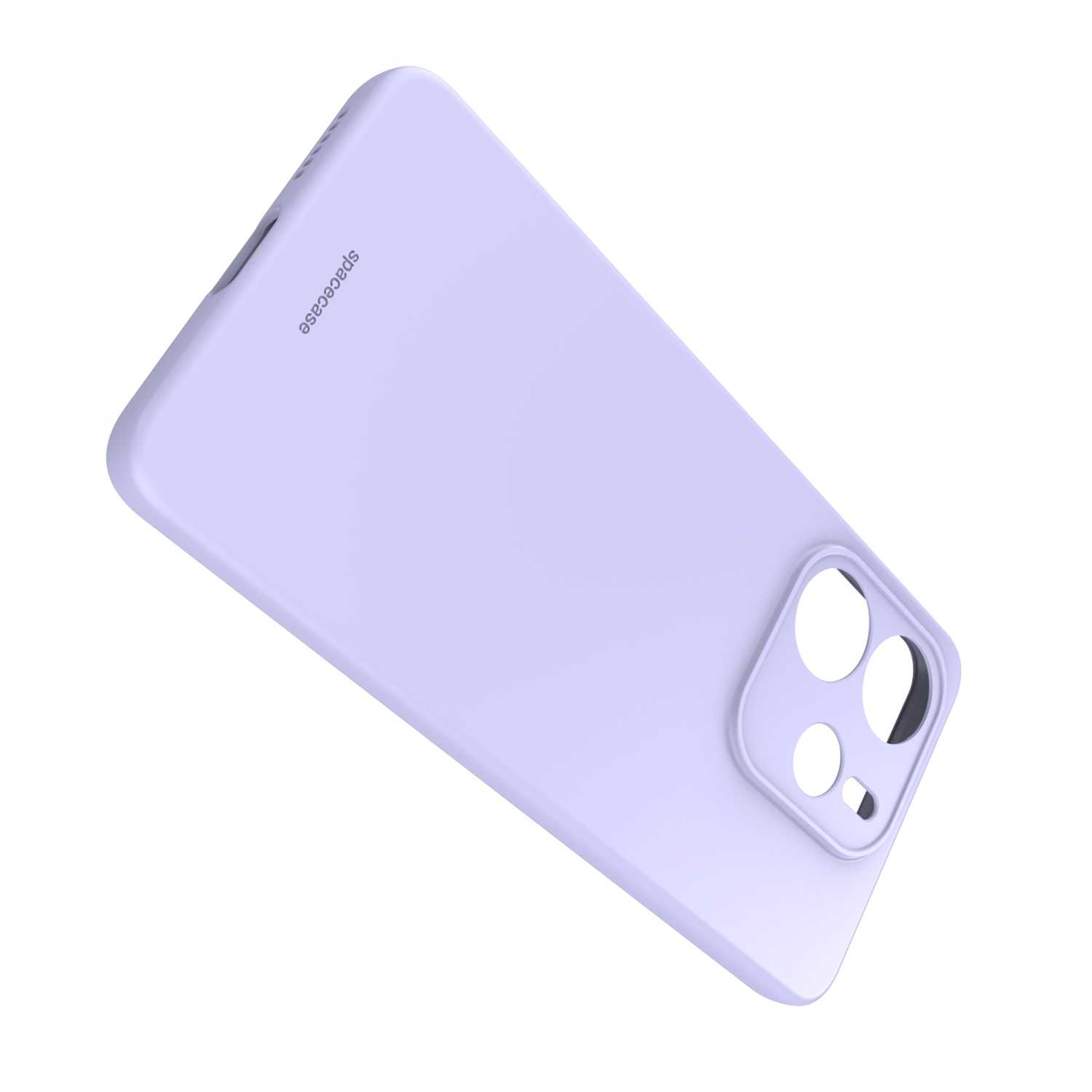 Jasnofioletowe etui na telefon z otworami na aparat i brandingiem 'spacecase', ustawione pod kątem na białym tle.