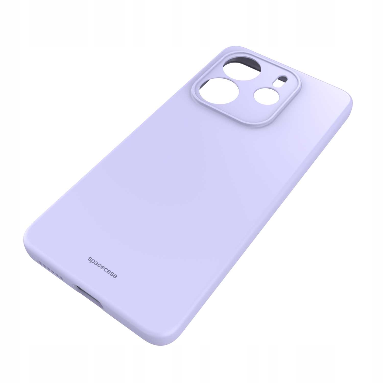 Jasnofioletowe etui na telefon z otworami na aparat i brandingiem 'spacecase', ustawione pod kątem na białym tle.