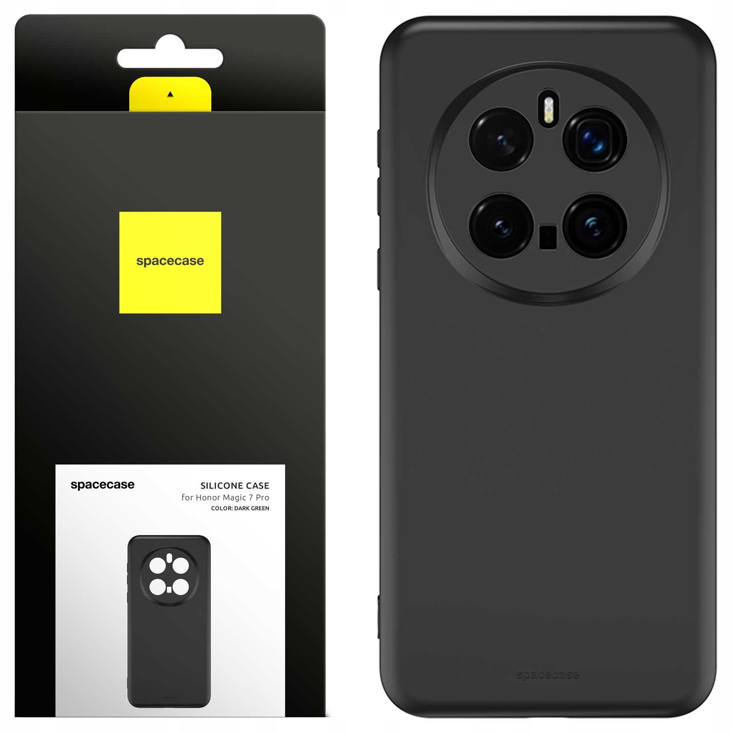 Ciemnozielone etui na telefon i opakowanie prezentują elegancki wygląd i markę „spacecase”.