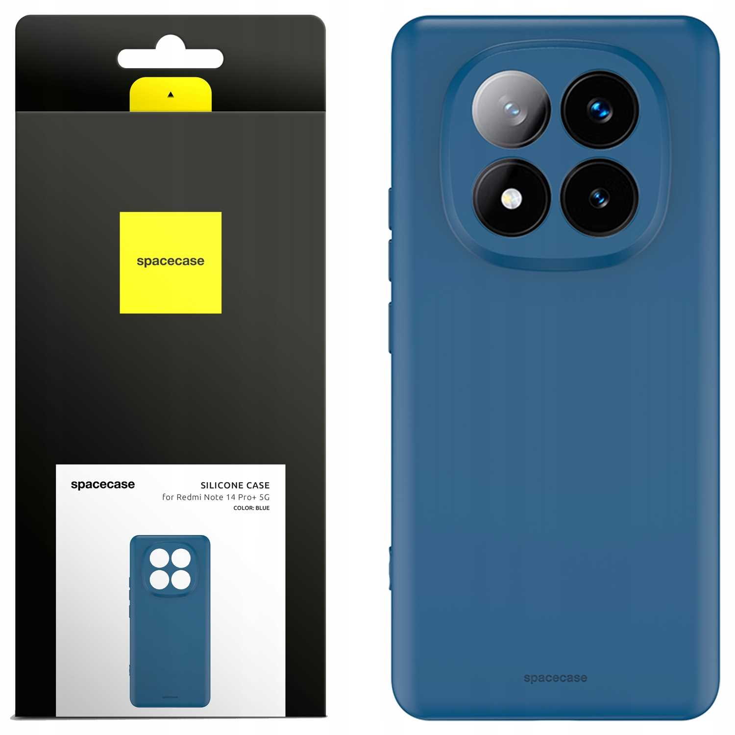 Niebieskie etui na telefon i jego opakowanie prezentują elegancki wygląd, oznaczone marką „spacecase”.