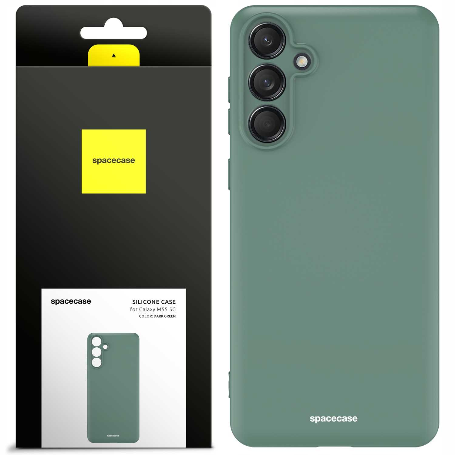 Ciemnozielone etui na telefon i opakowanie, pokazujące otwory na aparat w etui i branding 'spacecase'.