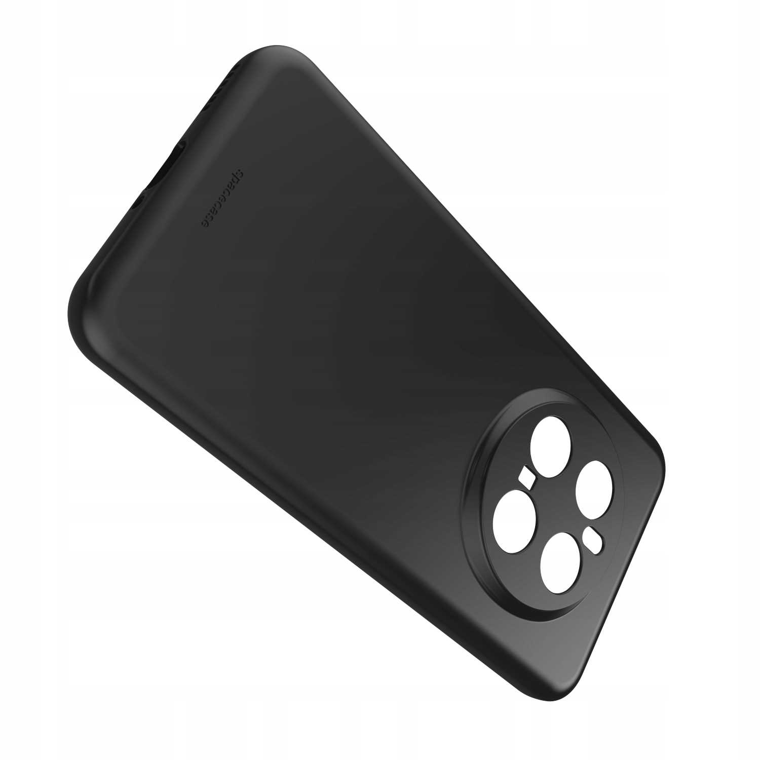 Czarna obudowa telefonu z czterema wycięciami na obiektywy aparatu, ustawiona pod kątem.