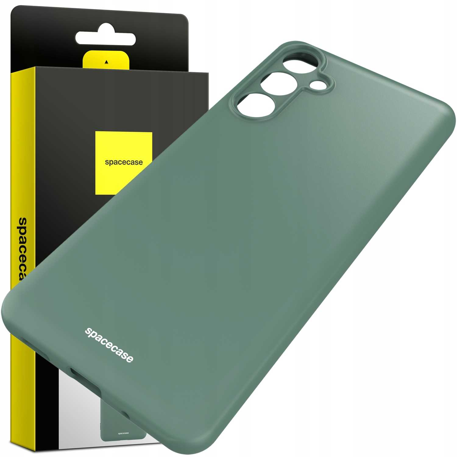 Ciemnozielone etui na telefon i opakowanie, pokazujące otwory na aparat w etui i branding 'spacecase'.